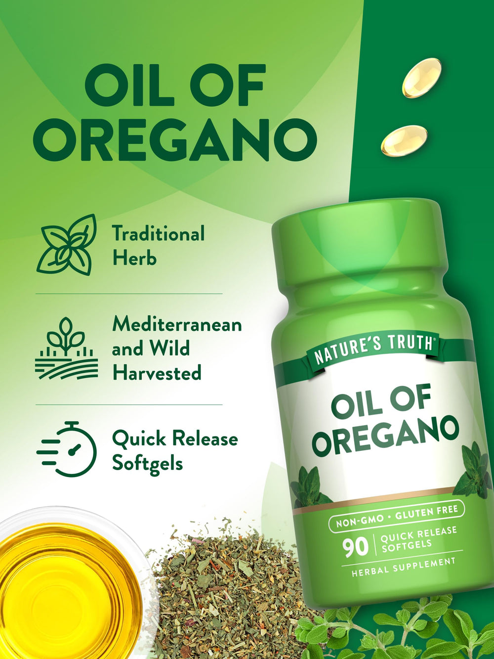 Nature's Truth Oregano Oil Softgels capsule closeup for easy swallow