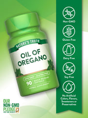 Nature's Truth Oregano Oil Softgels pouring shot emphasizes easy daily use