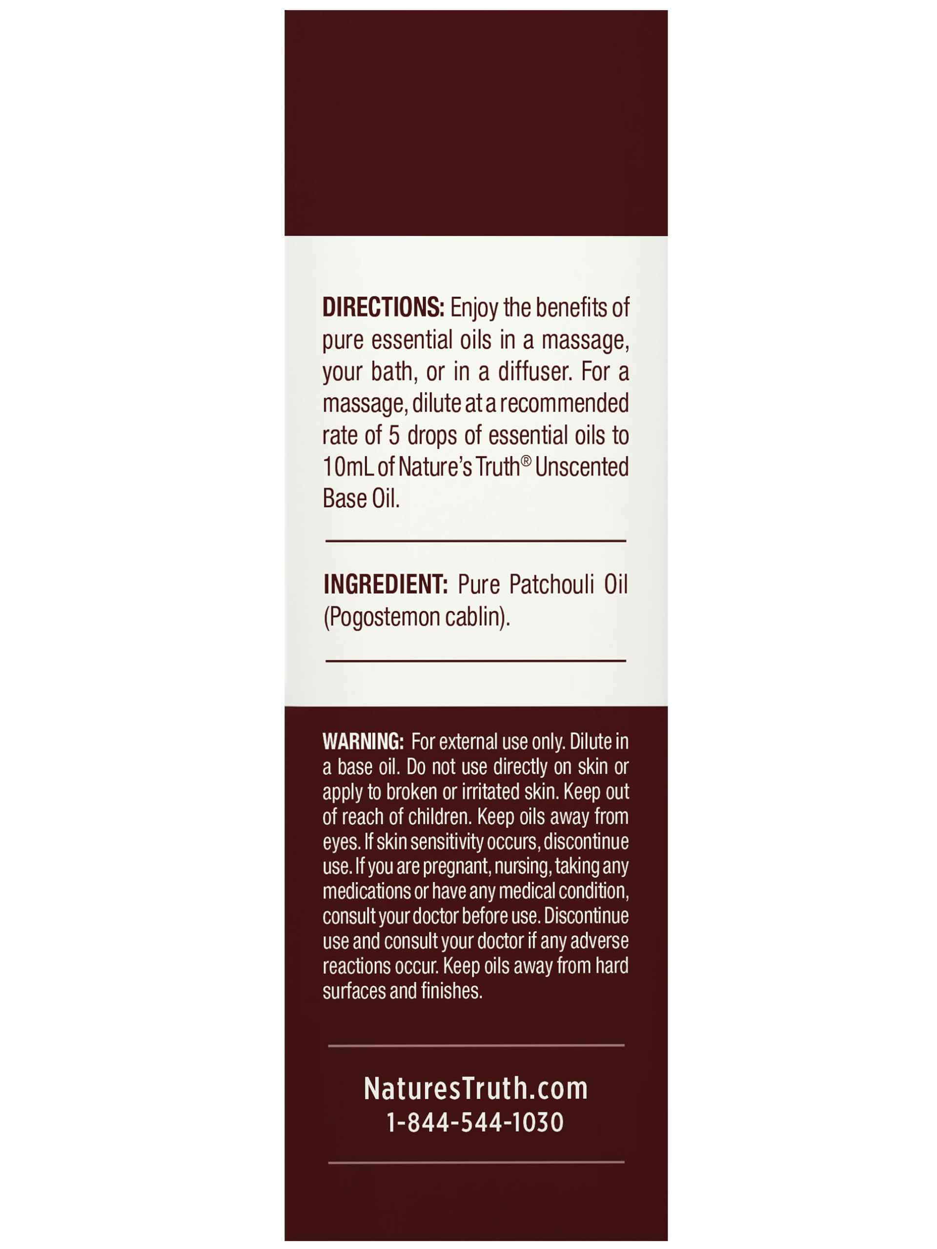 Nature's Truth Patchouli Oil lab-tested label indicating purity and quality.