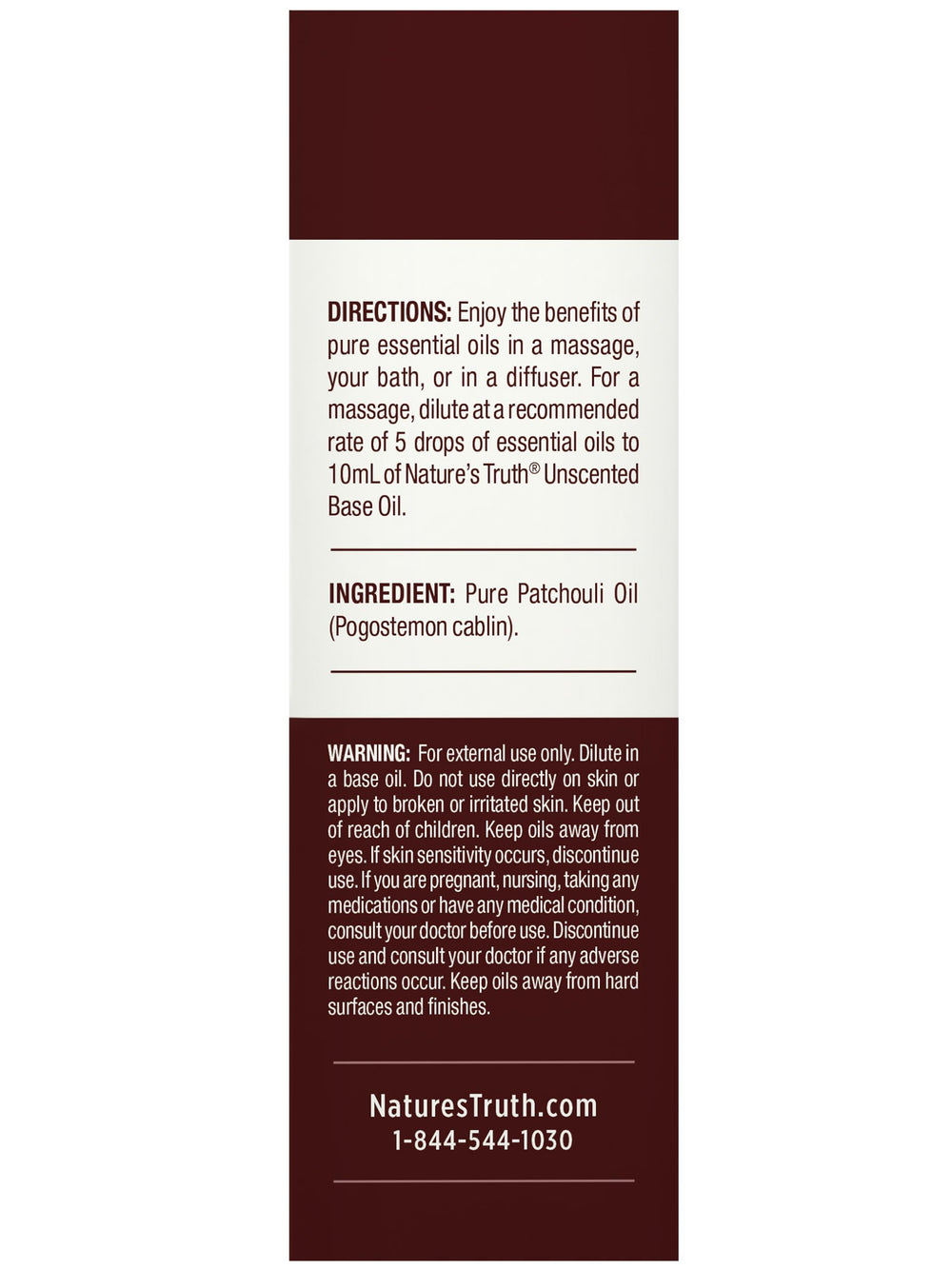 Nature's Truth Patchouli Oil lab-tested label indicating purity and quality.