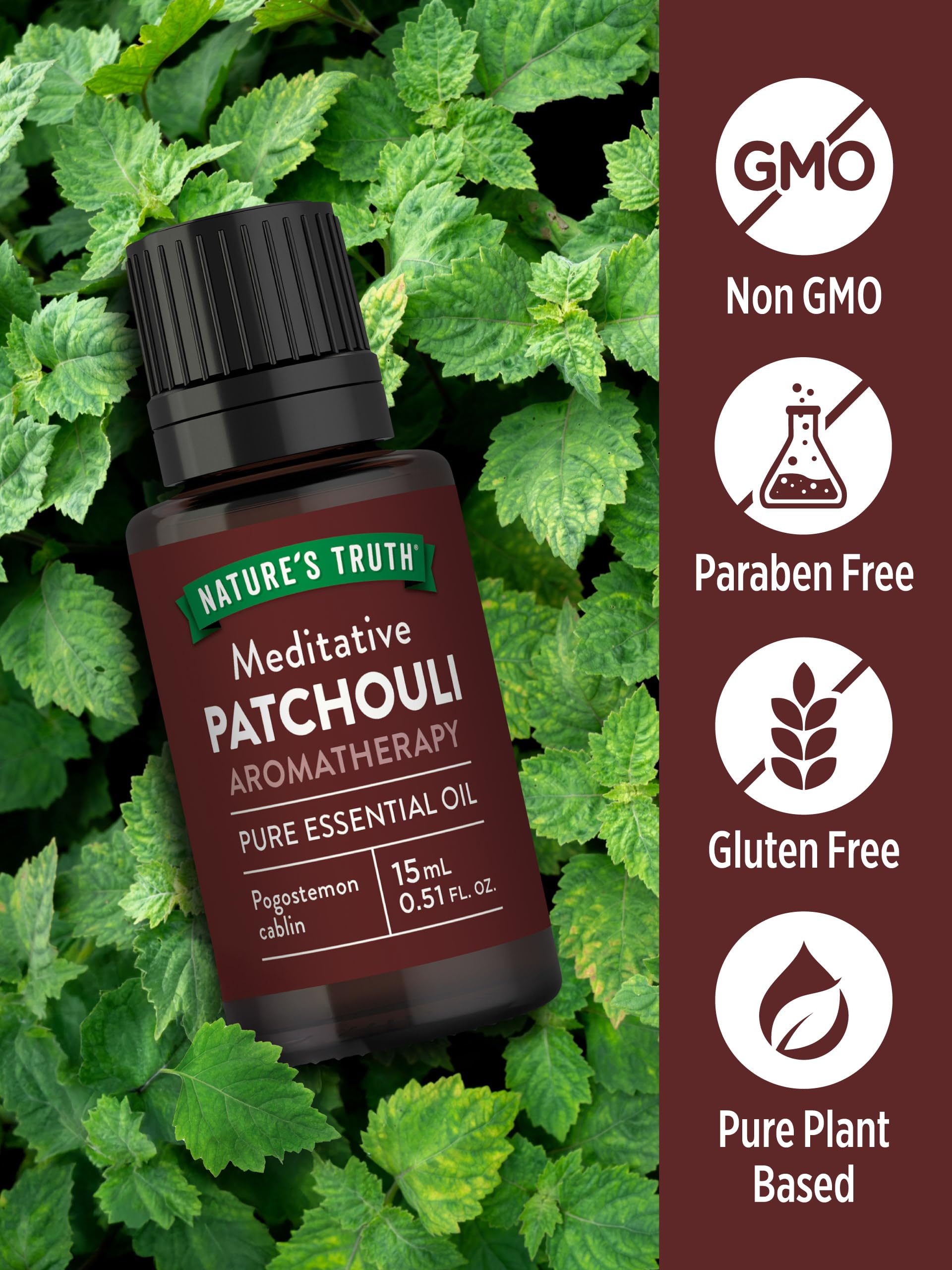 Nature's Truth Patchouli Oil bottle in shower setup for fragrance.
