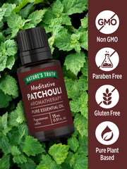 Nature's Truth Patchouli Oil bottle in shower setup for fragrance.
