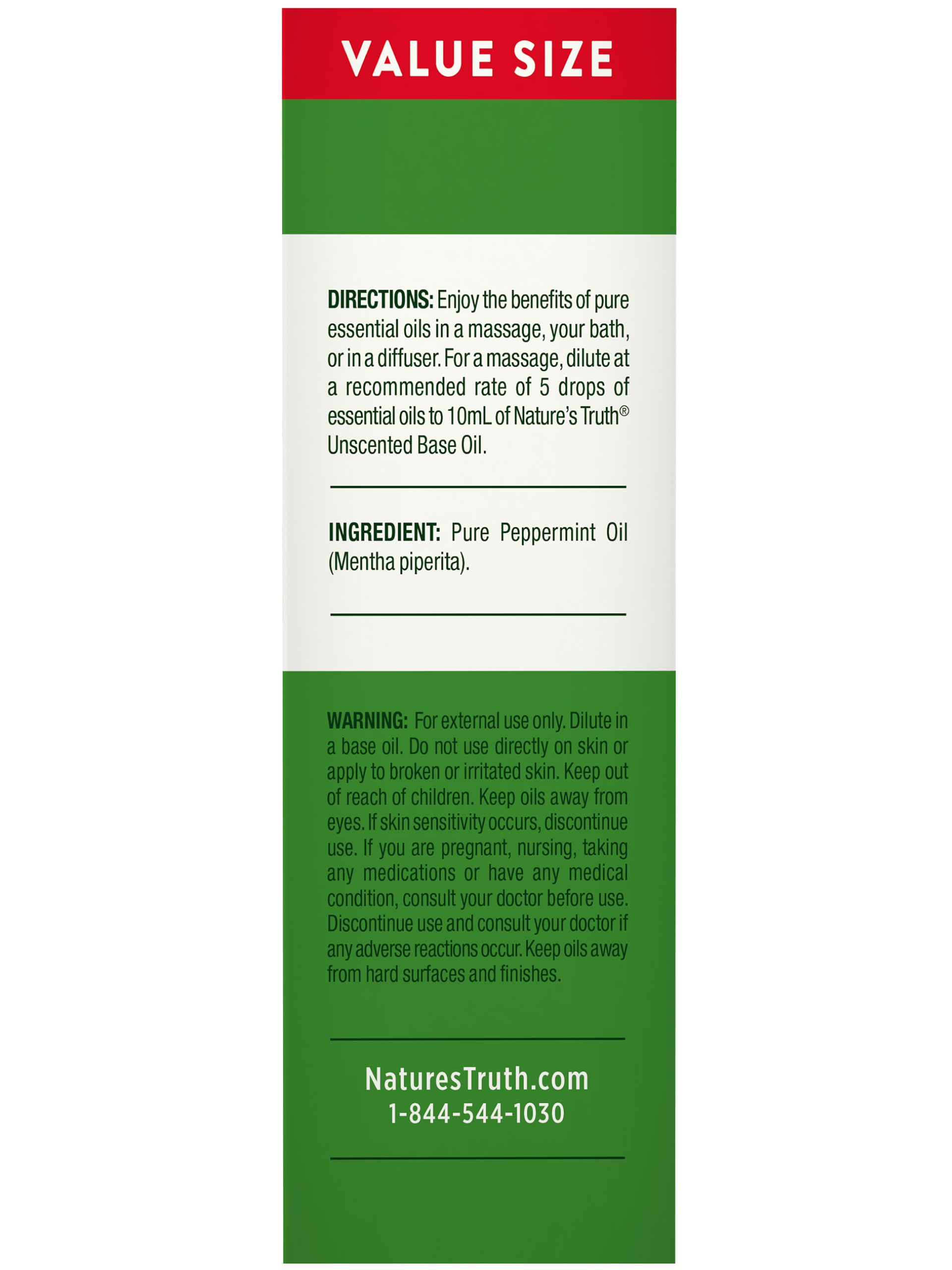 Nature's Truth Peppermint Oil product label highlighting purity and lab testing.