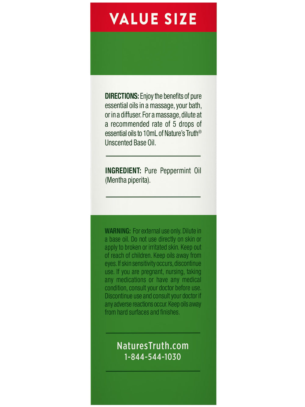 Nature's Truth Peppermint Oil product label highlighting purity and lab testing.