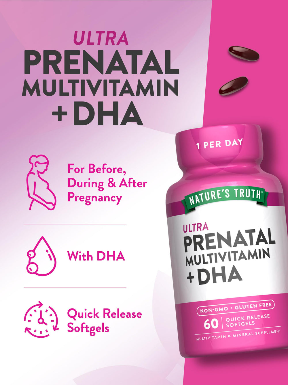 Nature's Truth Prenatal bottle side view emphasizing easy-to-swallow softgels.