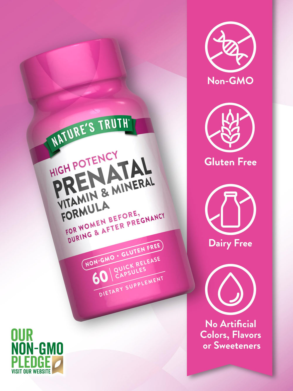 Nature's Truth Prenatal bottle label highlights 800 mcg folic acid per serving