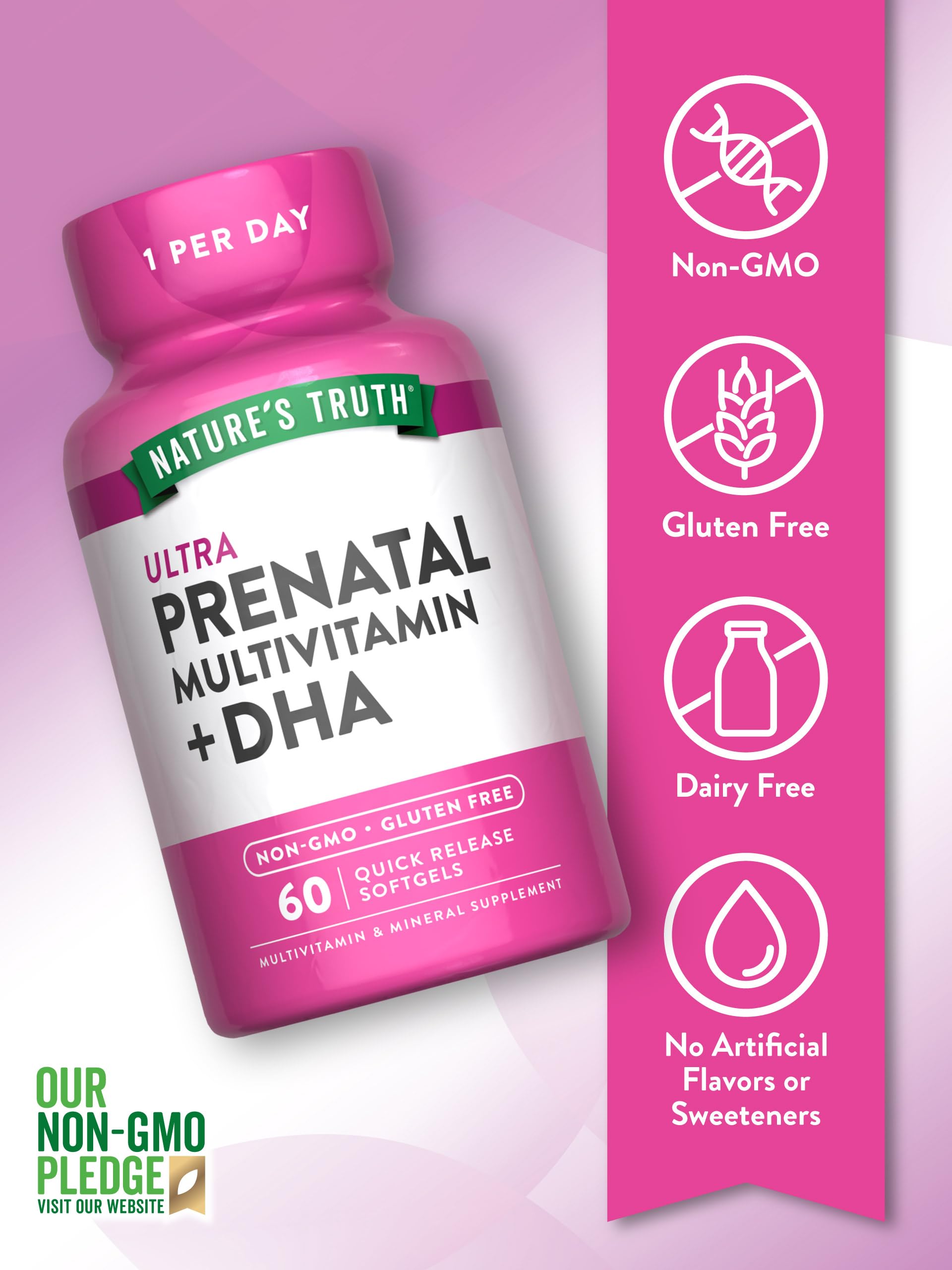 Nature's Truth Prenatal label highlights gluten-free and Non-GMO ingredients.