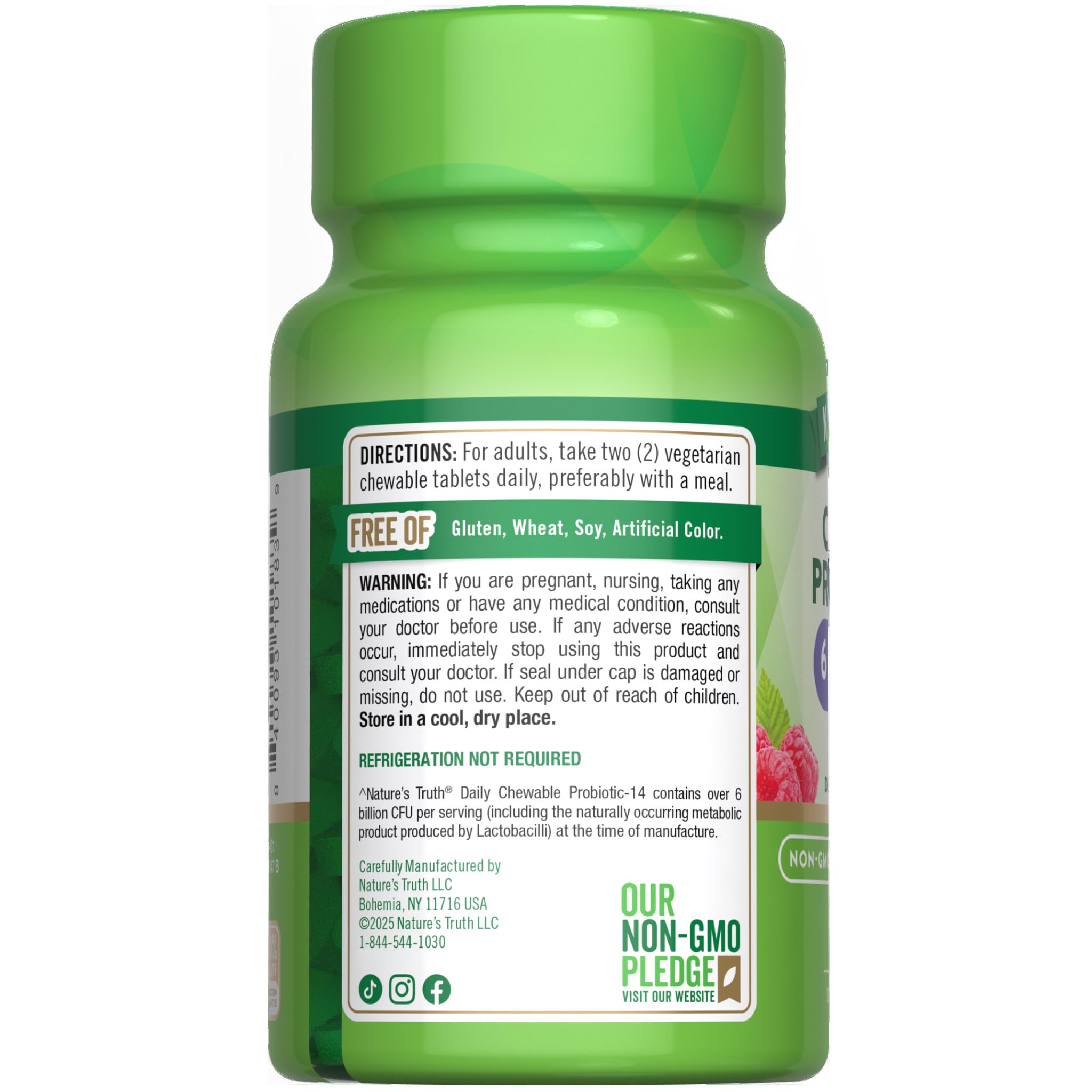 Nature's Truth probiotic chewable berry on a shelf conveys gluten-free, clean-label appeal.