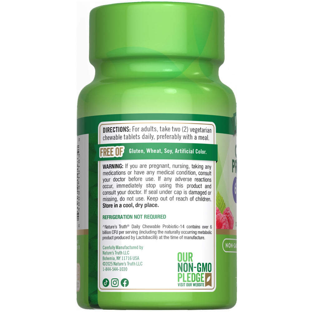Nature's Truth probiotic chewable berry on a shelf conveys gluten-free, clean-label appeal.