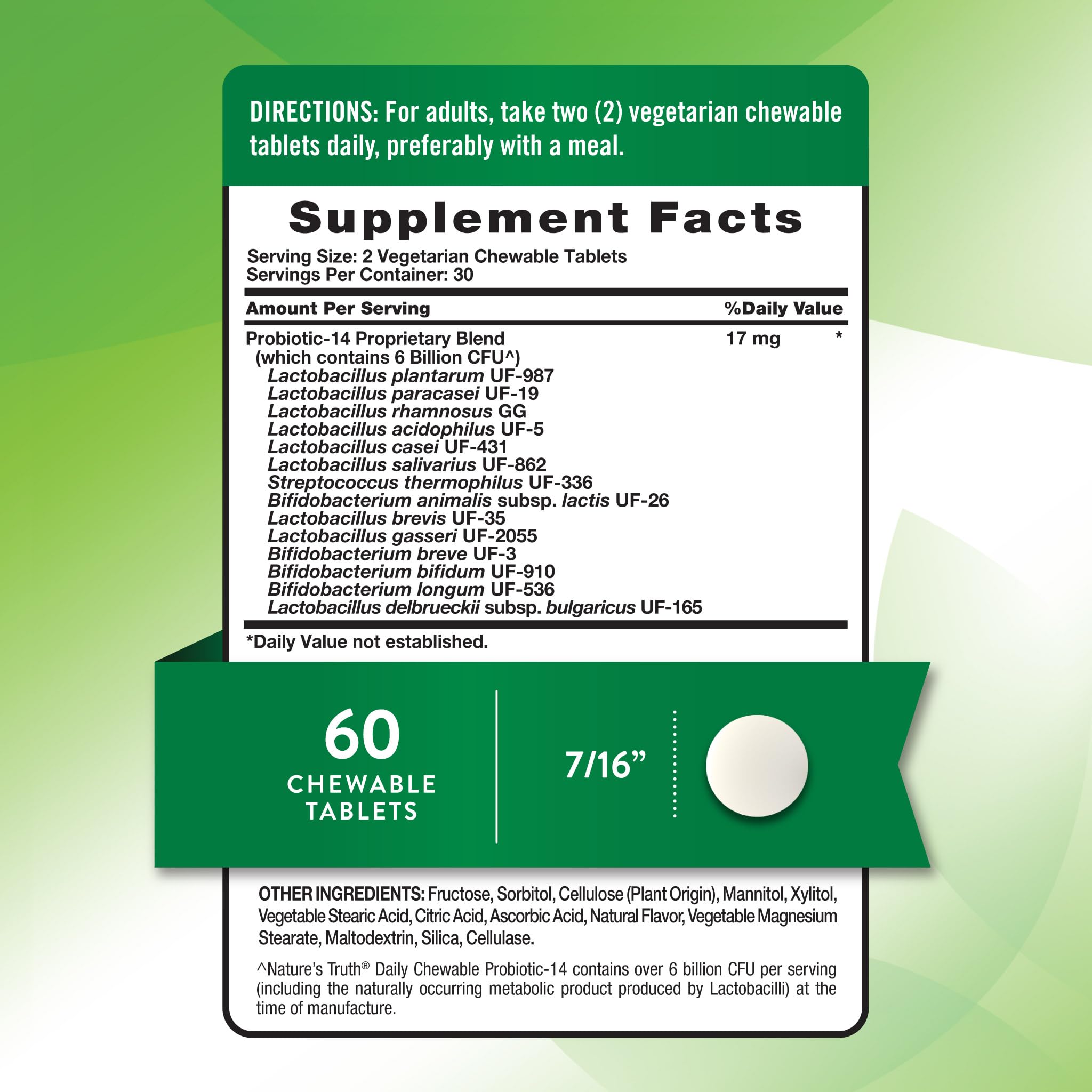Close-up of Nature's Truth probiotic chewable berry tablets showing delicious flavor appeal.
