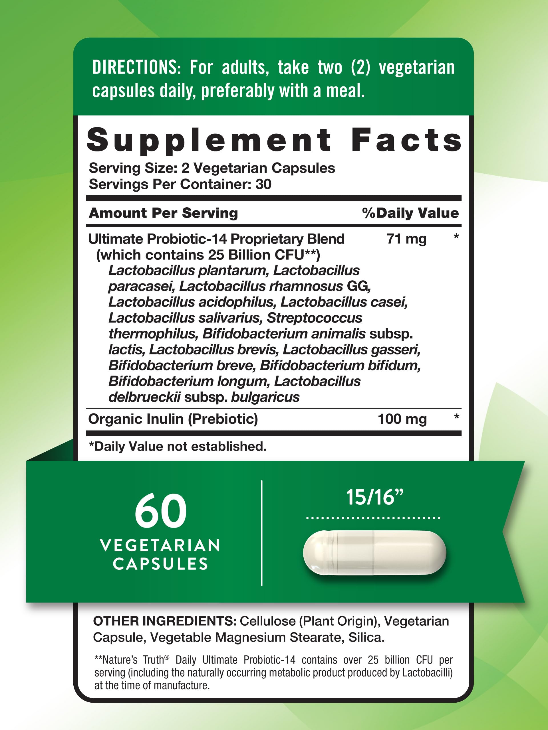 Nature's Truth bottle label highlights 14 probiotic strains for gut balance.