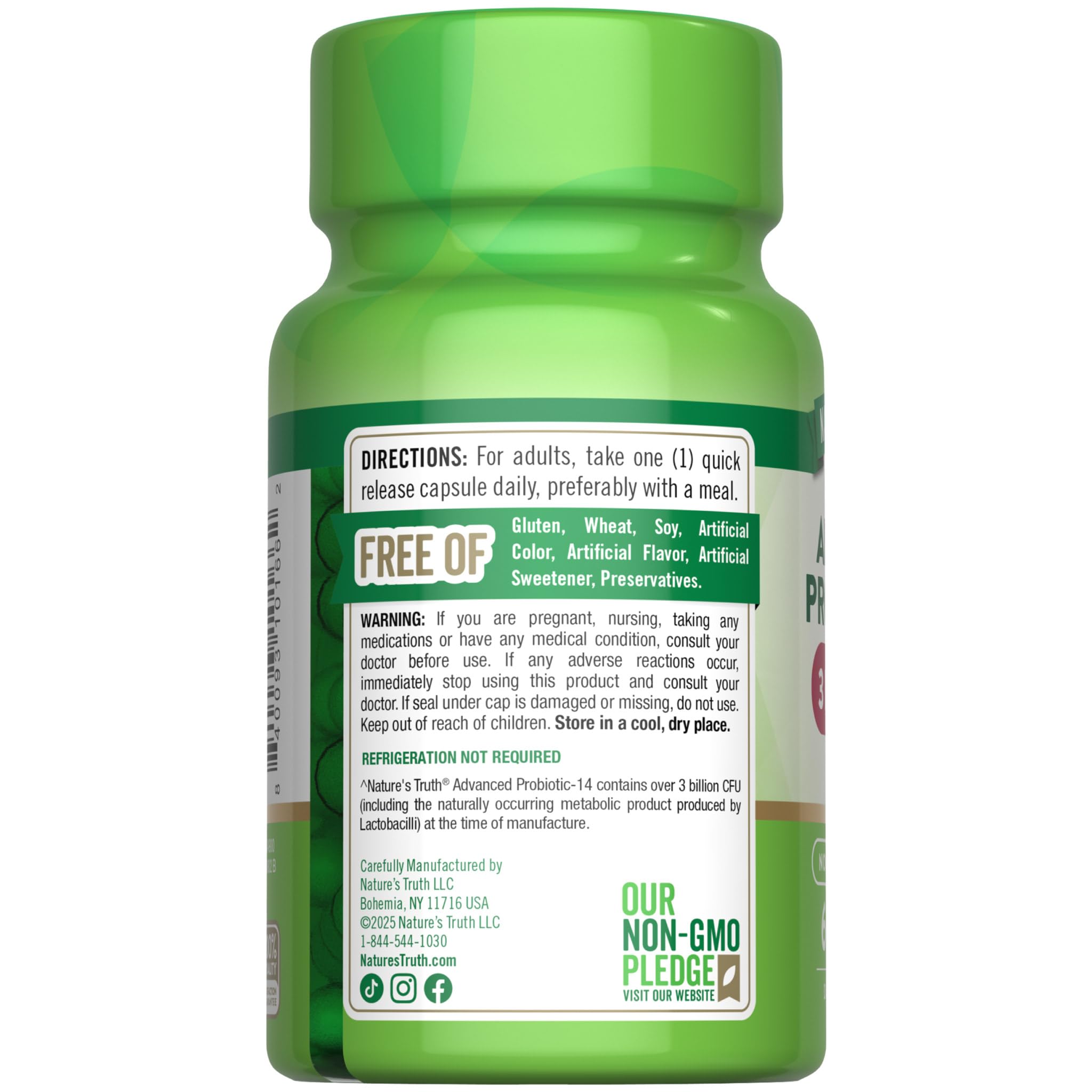 Nature's Truth Probiotics bottle on table signals a trusted daily supplement.
