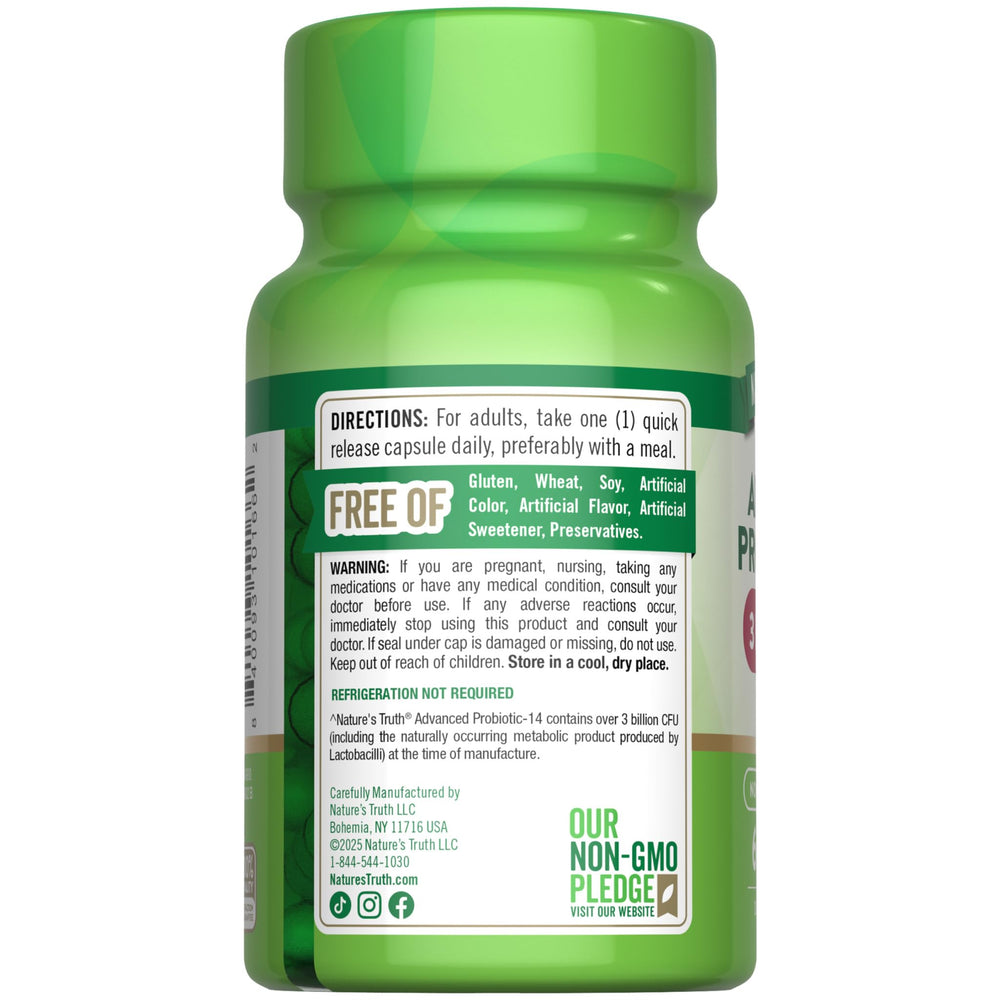 Nature's Truth Probiotics bottle on table signals a trusted daily supplement.