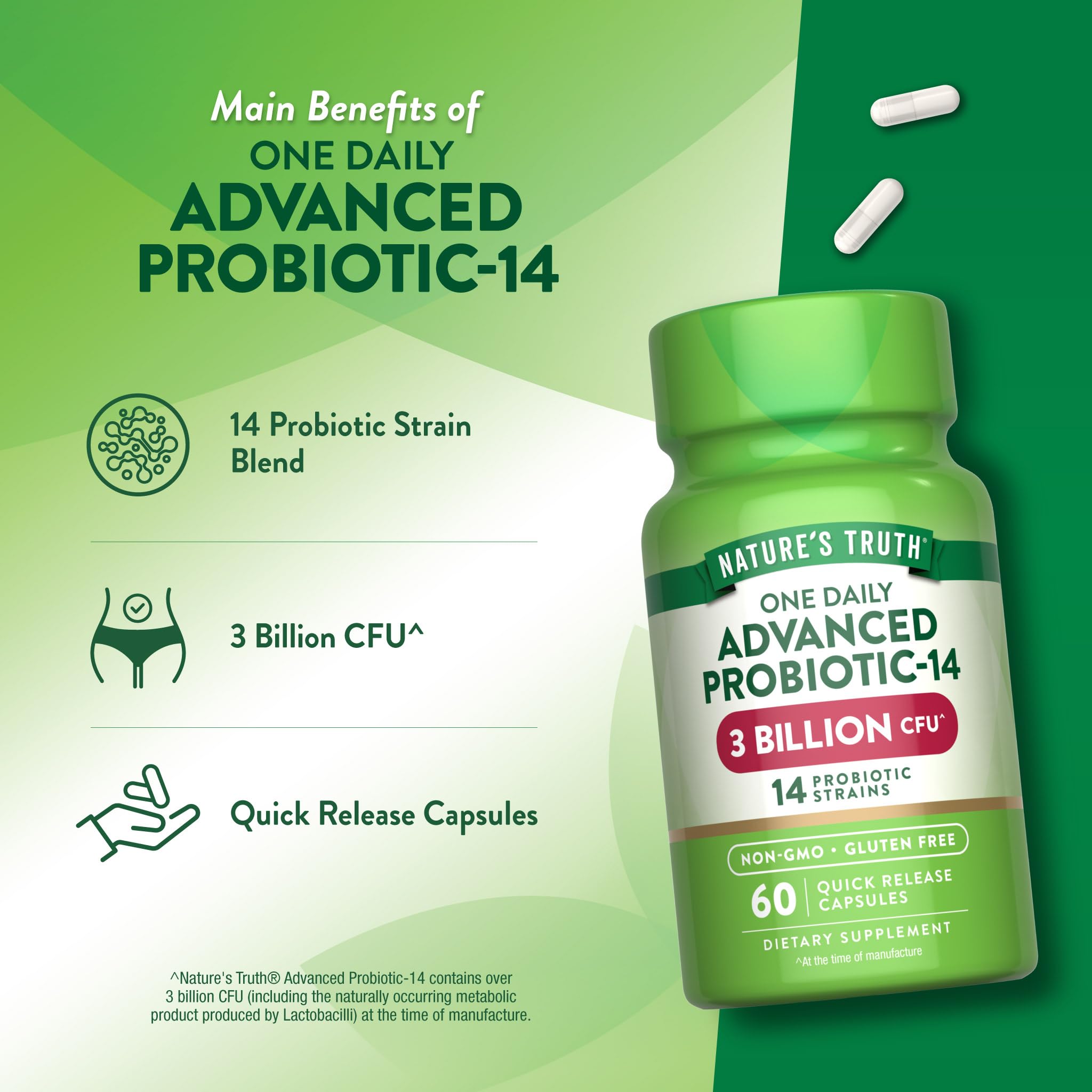 Nature's Truth Probiotics capsules in hand suggest an easy daily routine.