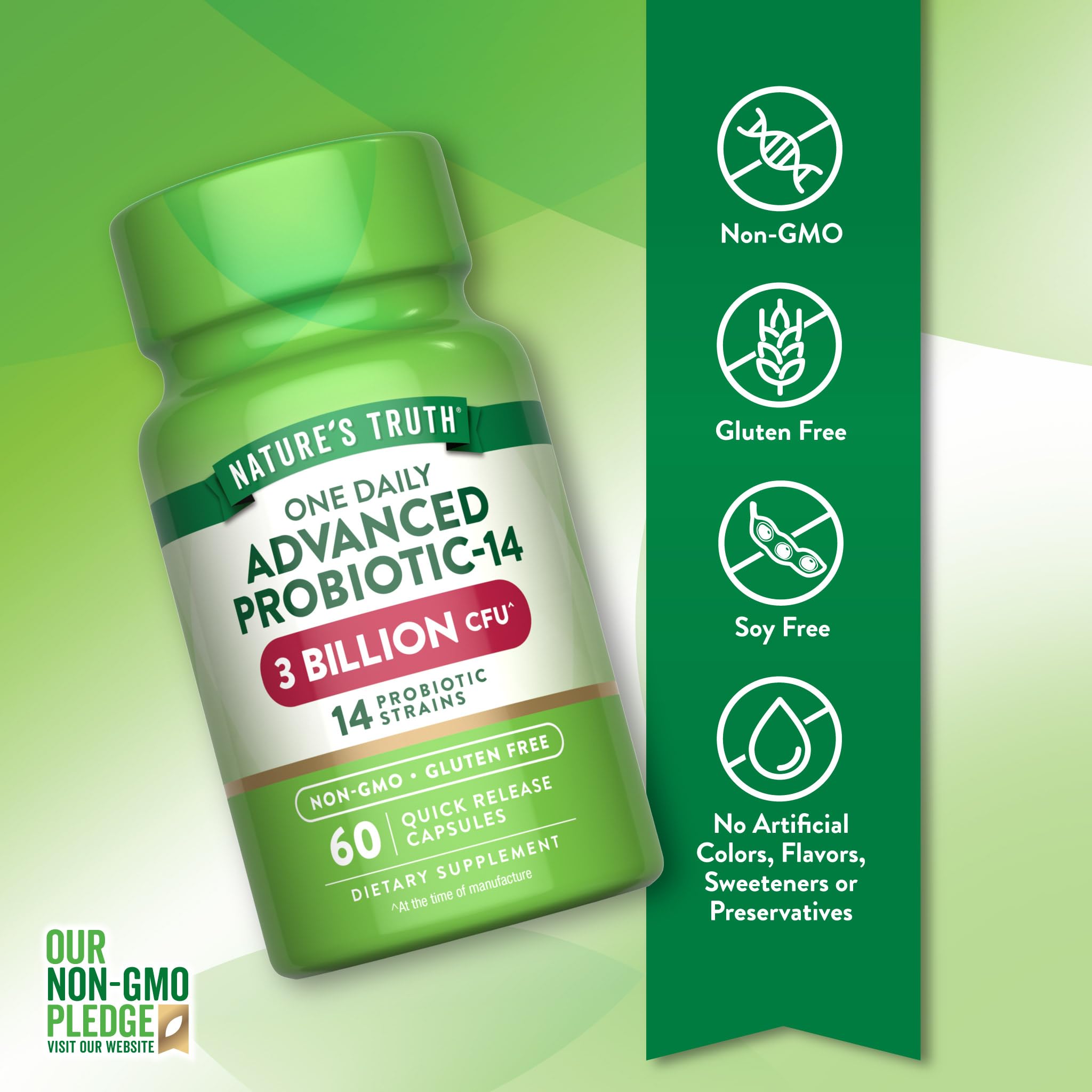 Nature's Truth Probiotics label front highlights 14 strains for variety.