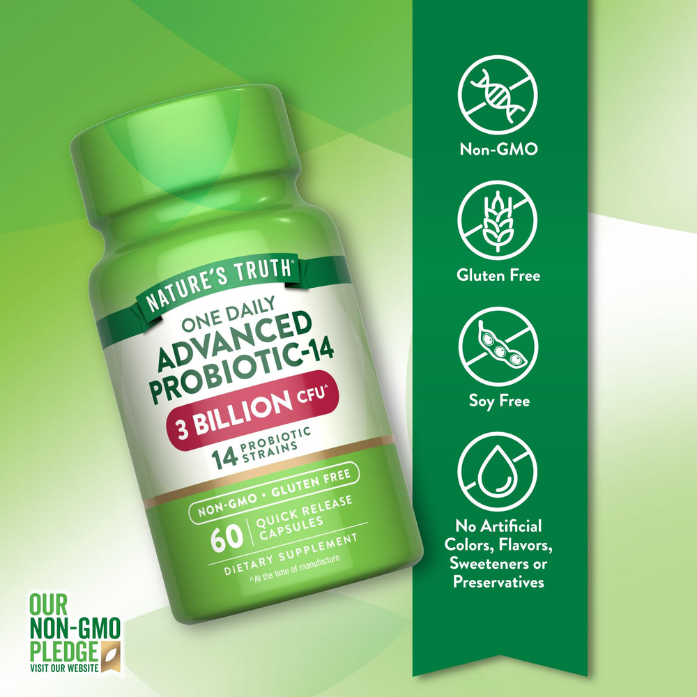 Nature's Truth Probiotics label front highlights 14 strains for variety.