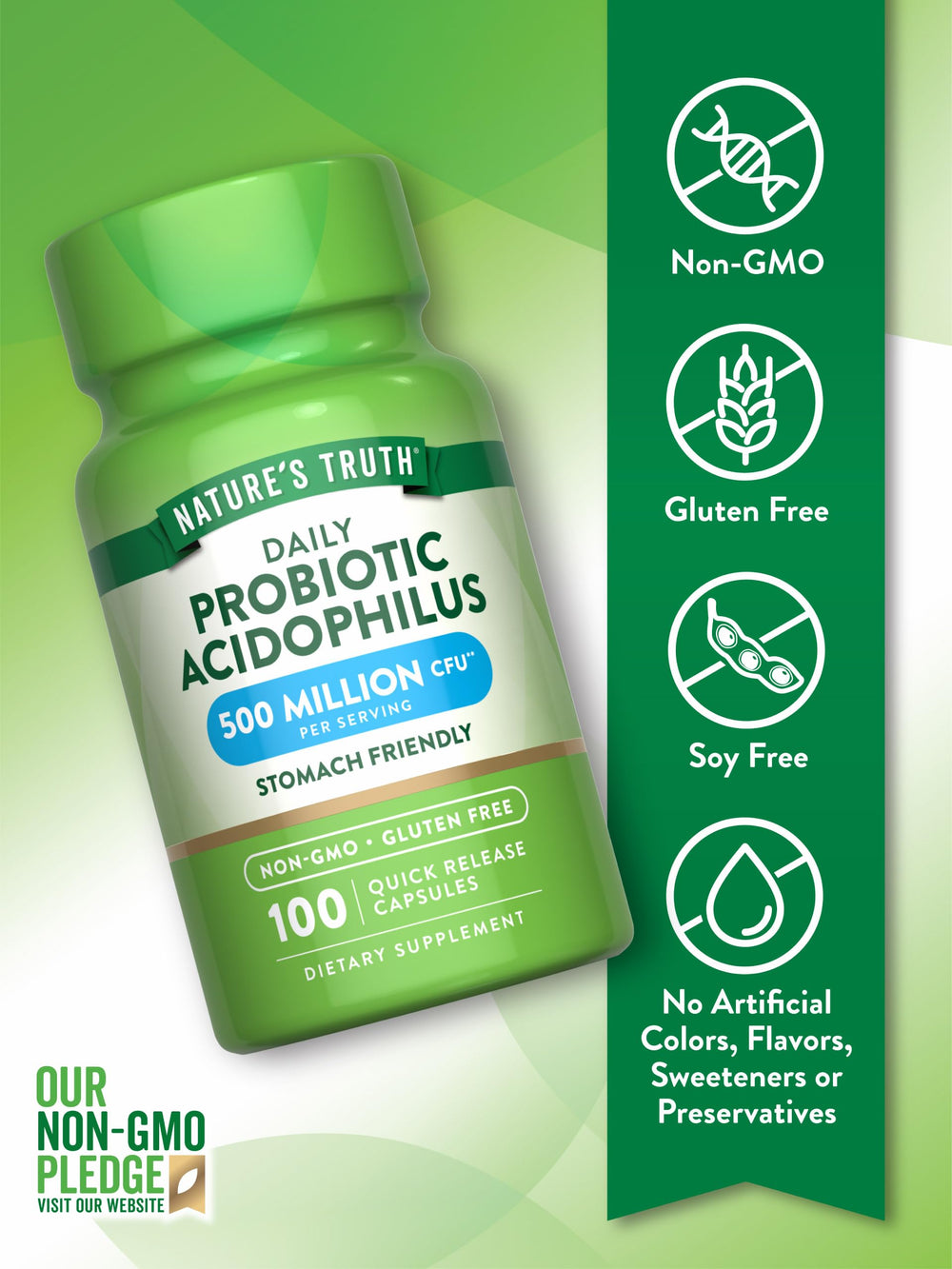 Nature's Truth Probiotics label highlighting Non-GMO and Gluten Free features.