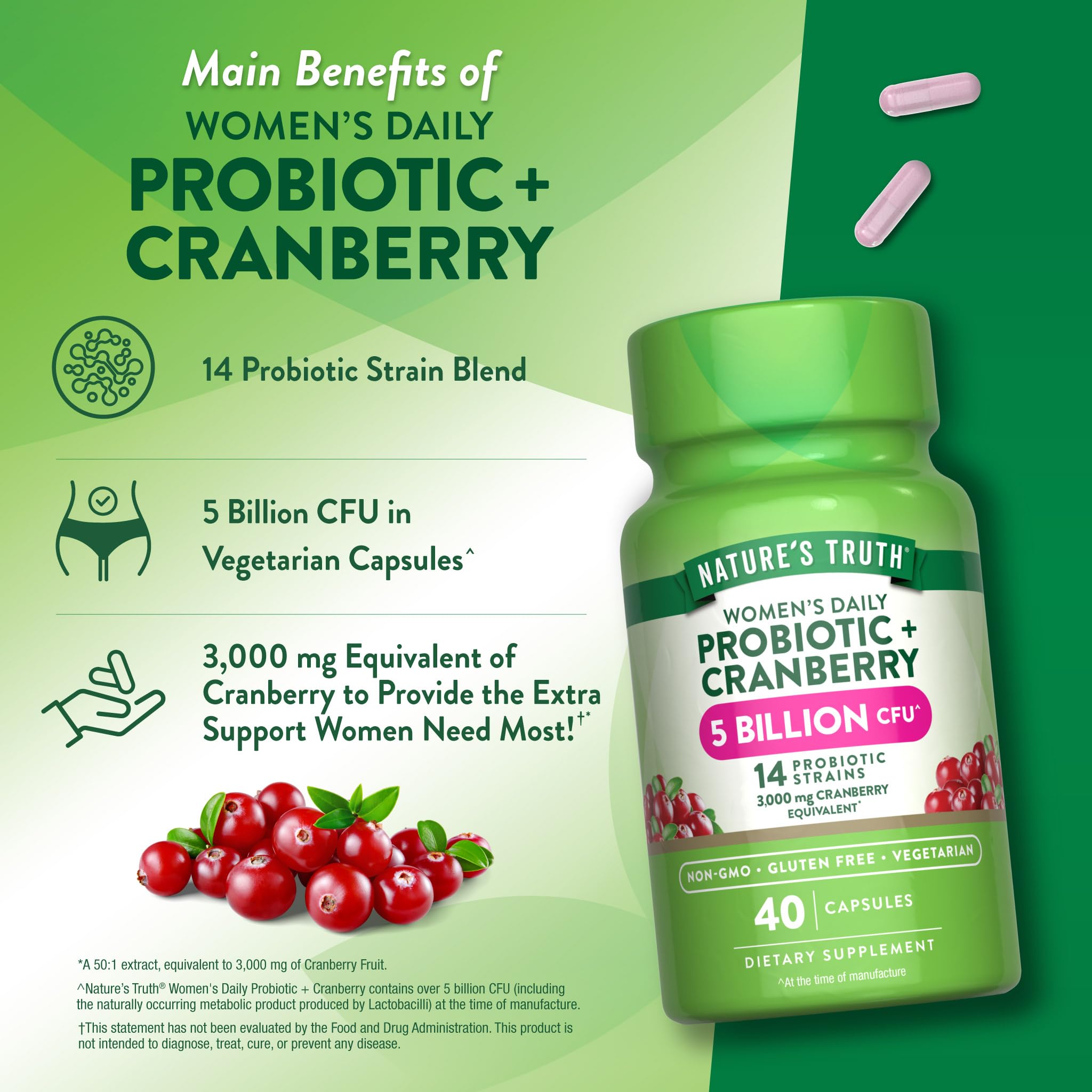 Nature's Truth Probiotics for Women shelf shot highlights gluten-free and non-GMO formula.