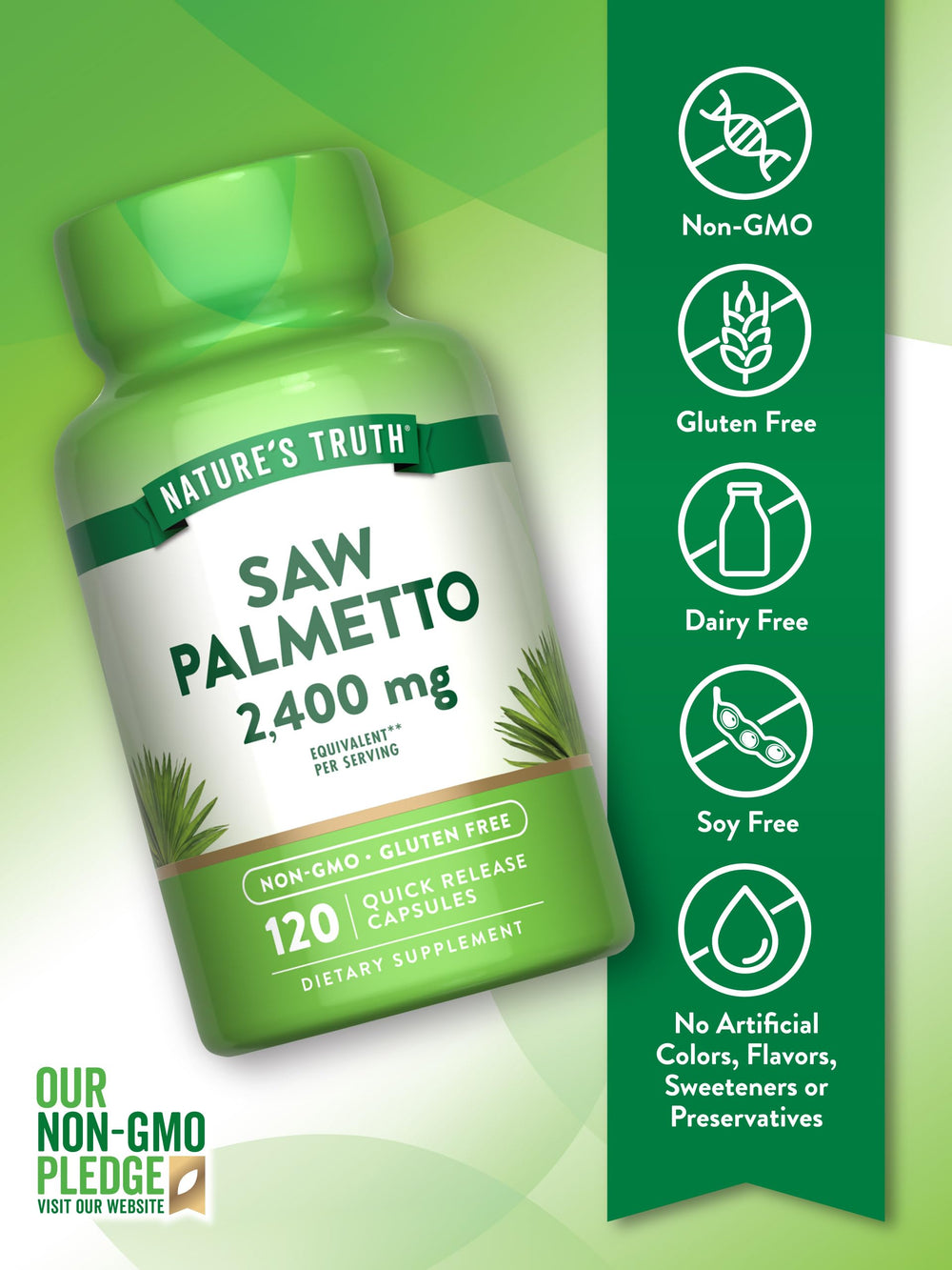 Nature's Truth Saw Palmetto Extract packaging highlights gluten-free, non-GMO