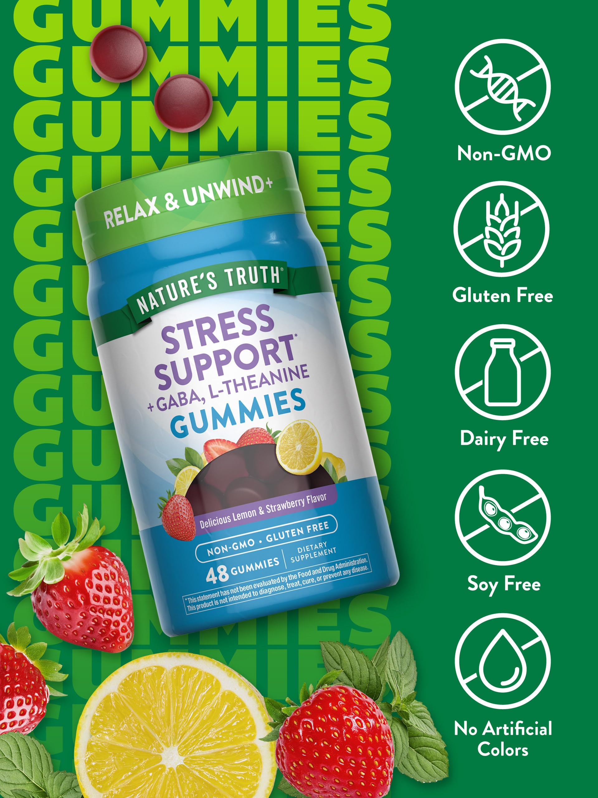 Nature's Truth Stress Relief Gummies GABA-L-Theanine-Lemon Balm on display for occasional calm.