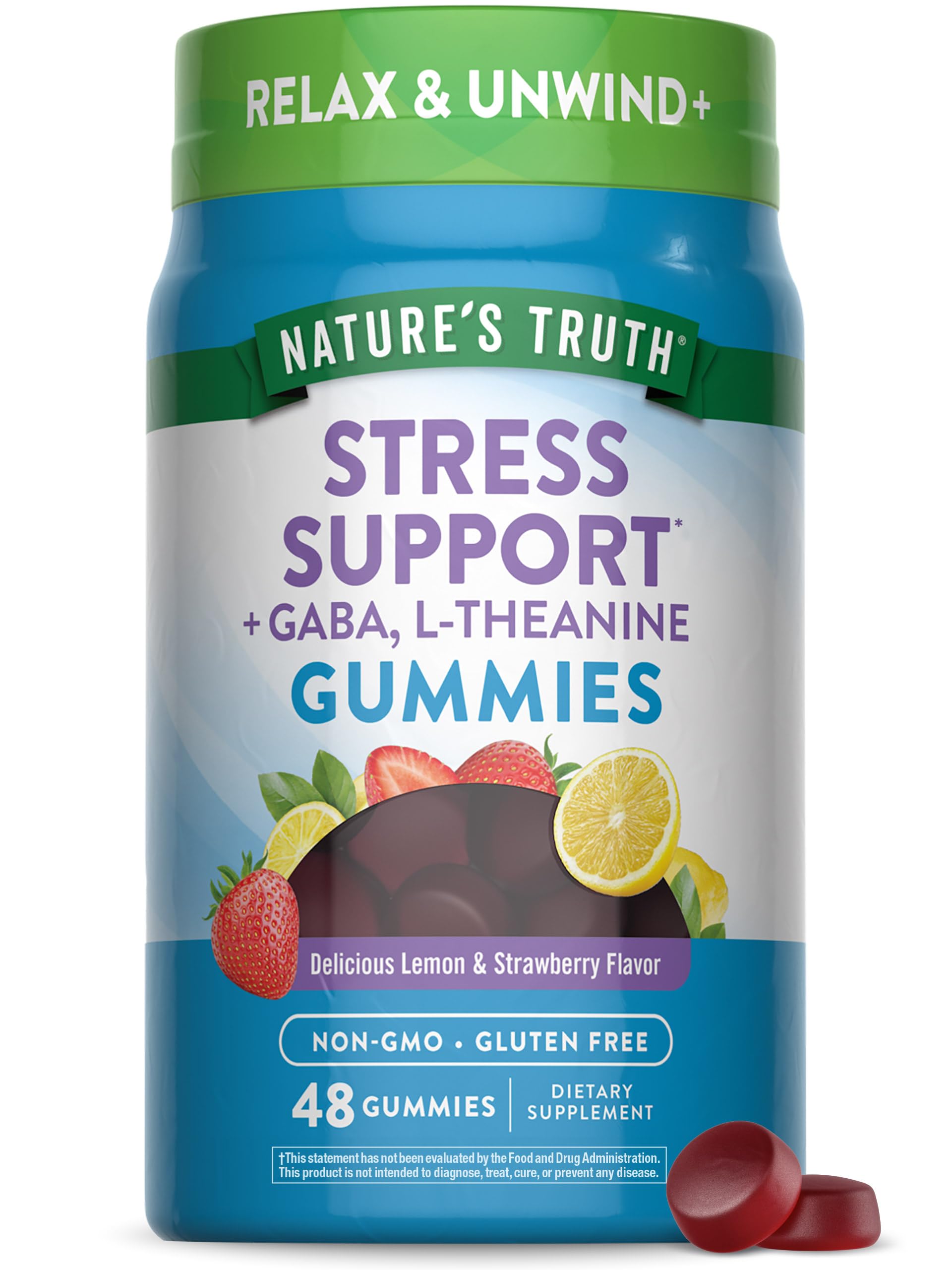 Nature's Truth Stress Relief Gummies lemon strawberry bottle for daily calm support.