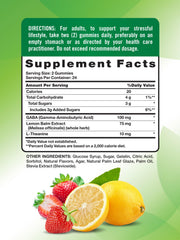 Nature's Truth Stress Relief Gummies label closeup highlighting GABA and lemon balm for relaxed focus.