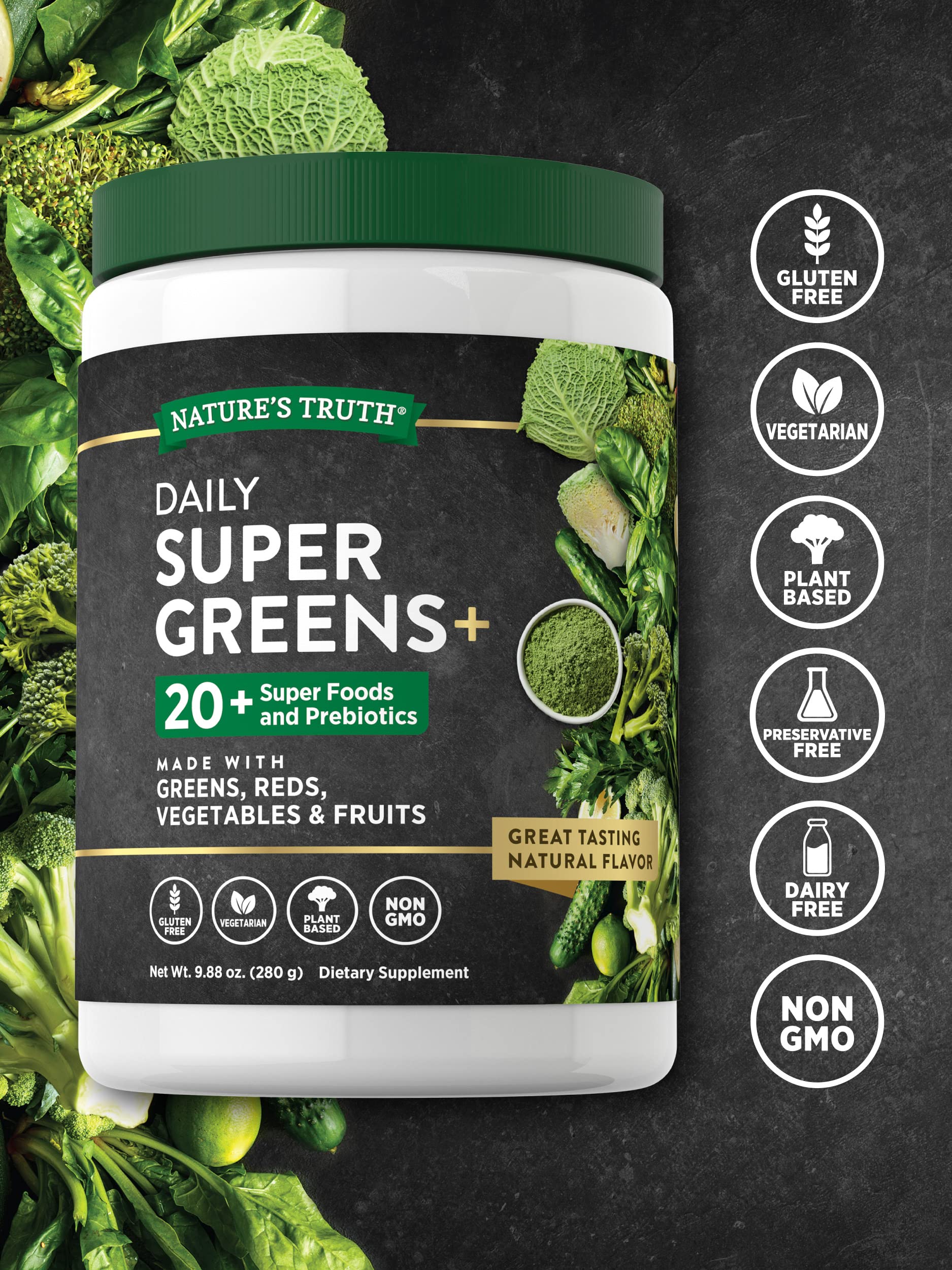 Nature's Truth Super Greens green smoothie glass displays a vibrant, veggie-rich color.