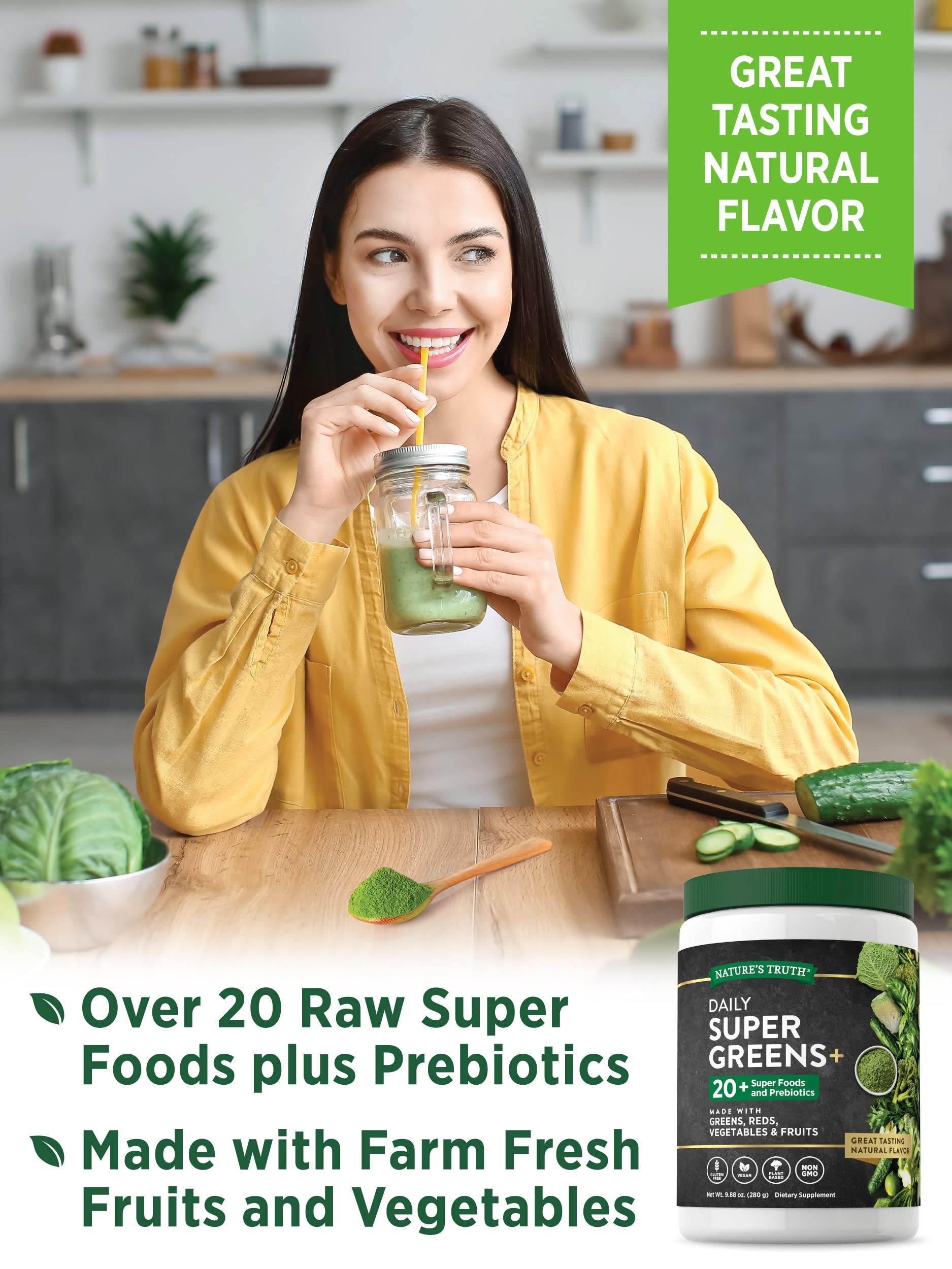 Nature's Truth Super Greens ingredients label highlights prebiotics and plant-based nutrition.
