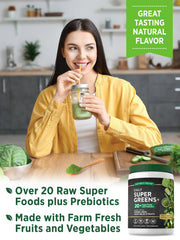 Nature's Truth Super Greens ingredients label highlights prebiotics and plant-based nutrition.