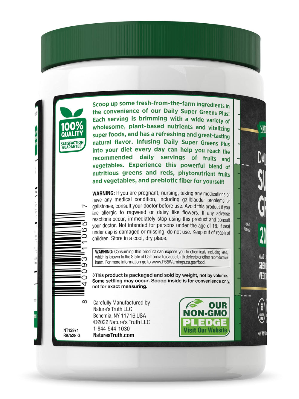 Nature's Truth Super Greens nutrition facts panel highlights 20+ super foods.