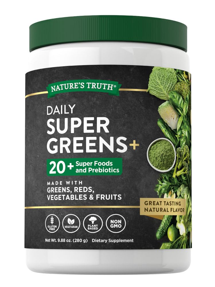 Nature's Truth Super Greens powder tin front shows gluten-free, non-GMO wellness blend.
