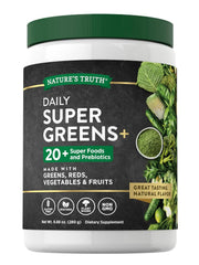 Nature's Truth Super Greens powder tin front shows gluten-free, non-GMO wellness blend.