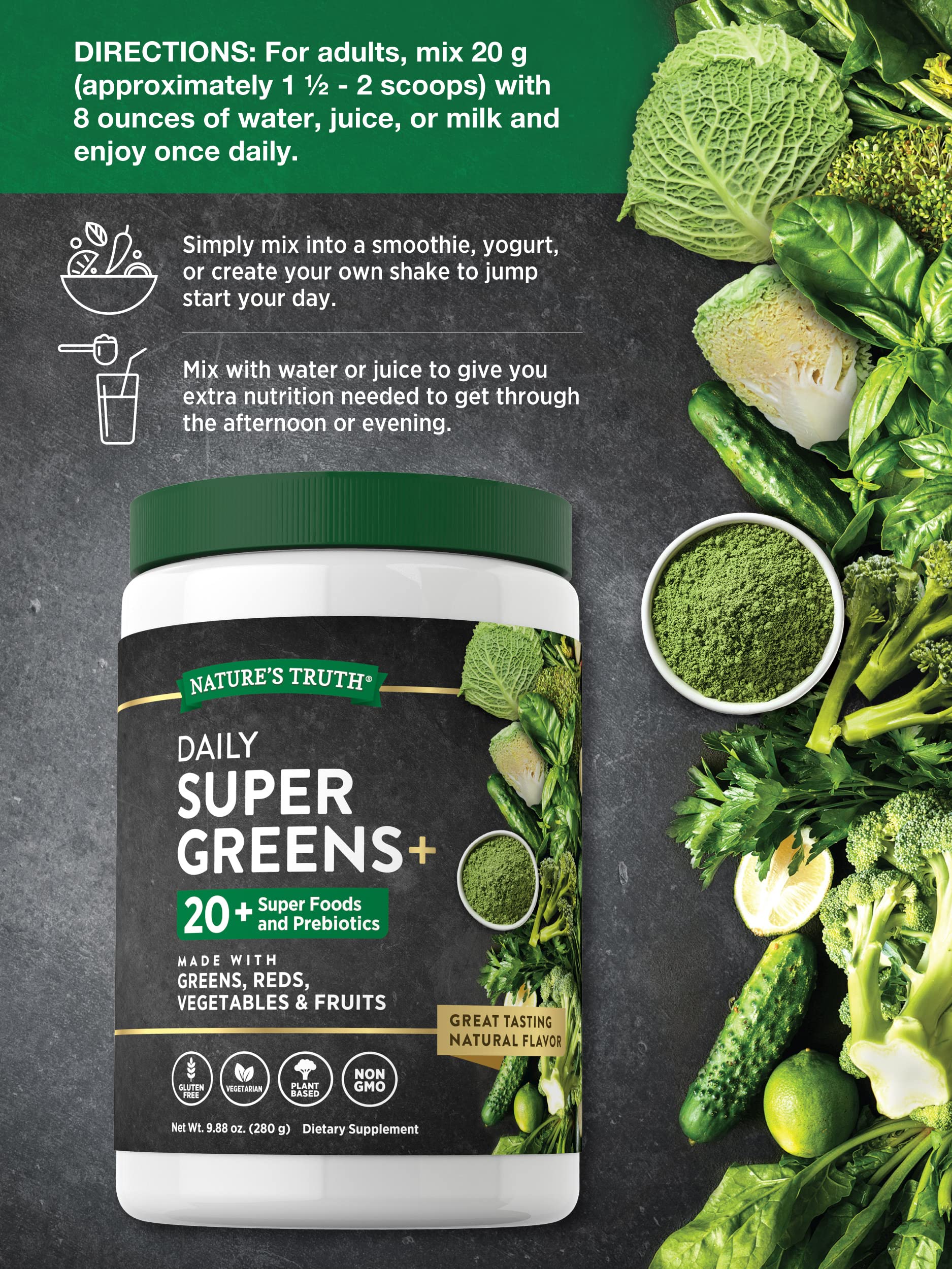 Nature's Truth Super Greens bowl shows scooped powder and the prebiotic blend.