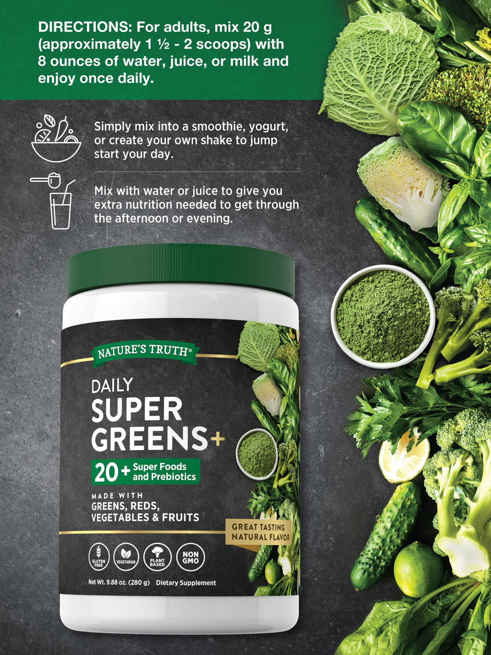 Nature's Truth Super Greens bowl shows scooped powder and the prebiotic blend.