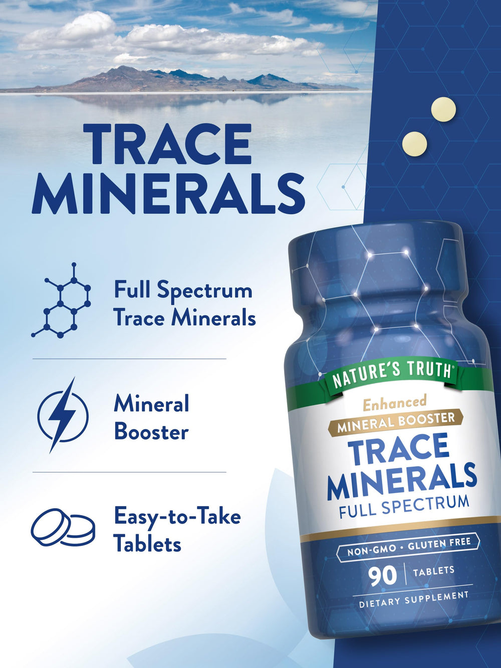 Nature's Truth Trace Minerals bottle pouring tablets into hand for easy dosing.