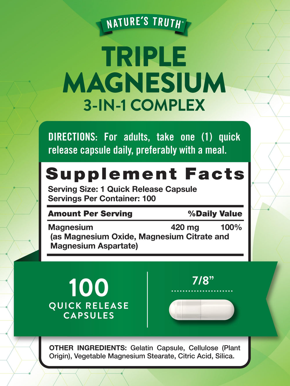 Close-up of Nature's Truth magnesium capsules showing an easy-to-swallow form.