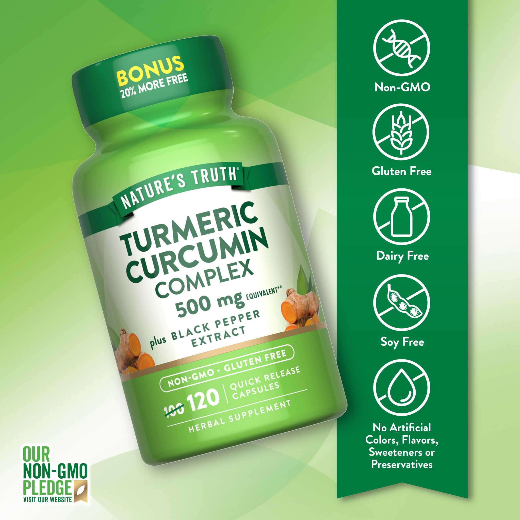 Nature's Truth Turmeric Curcumin label highlighting key features