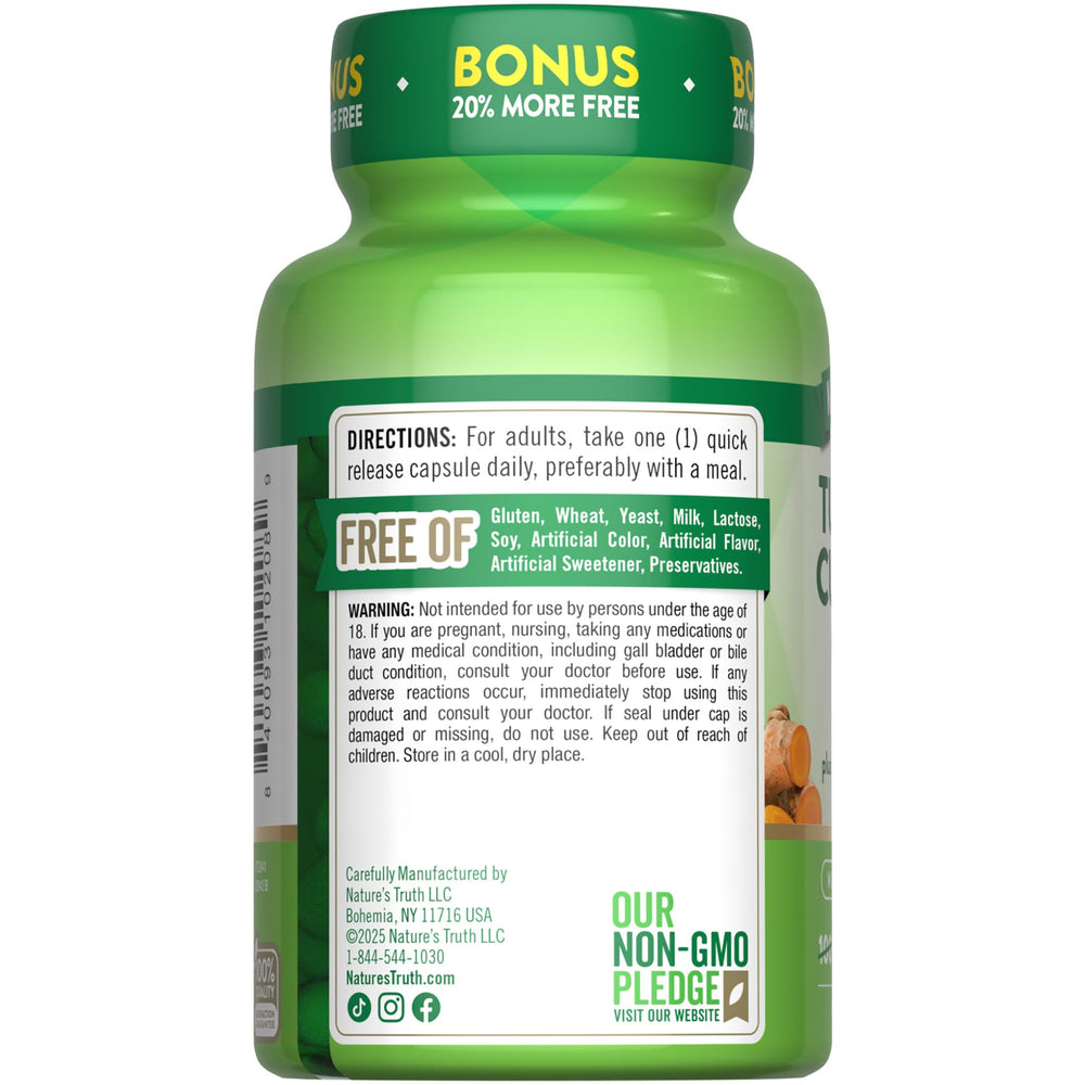 Nature's Truth Turmeric Curcumin 500mg bottle with transparent packaging