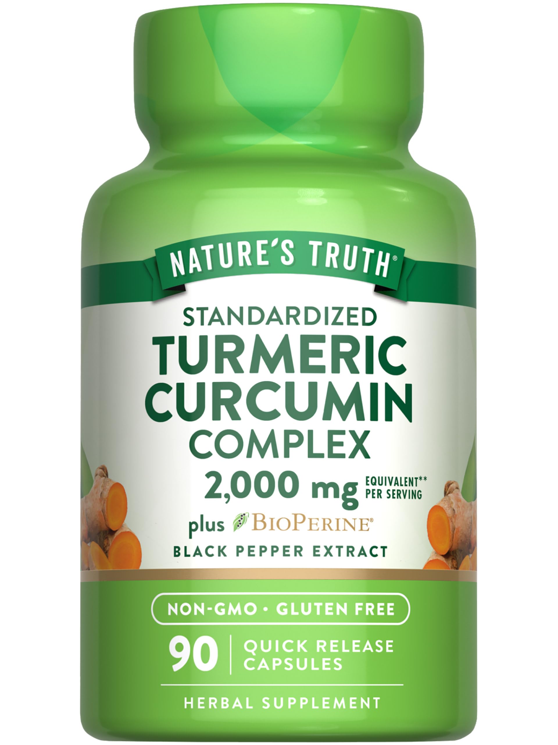 Nature's Truth Turmeric Curcumin bottle on countertop for daily wellness