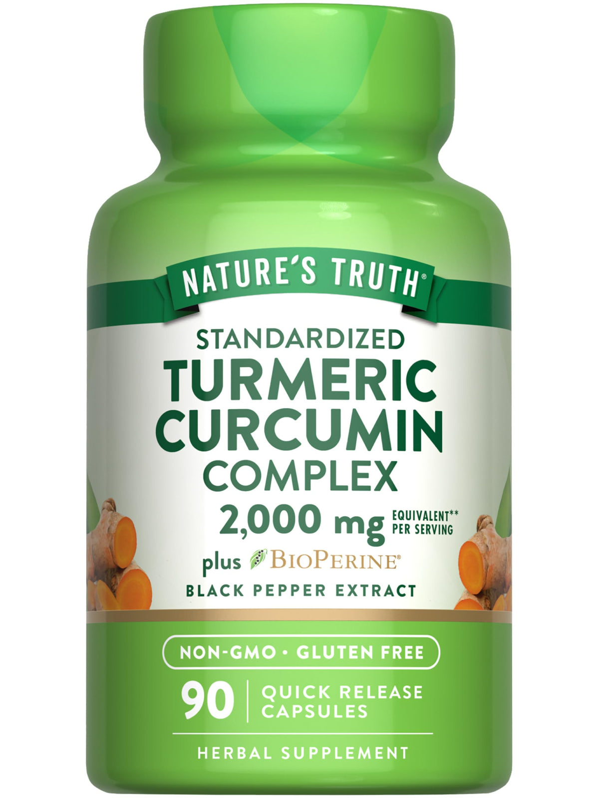 Nature's Truth Turmeric Curcumin bottle on countertop for daily wellness