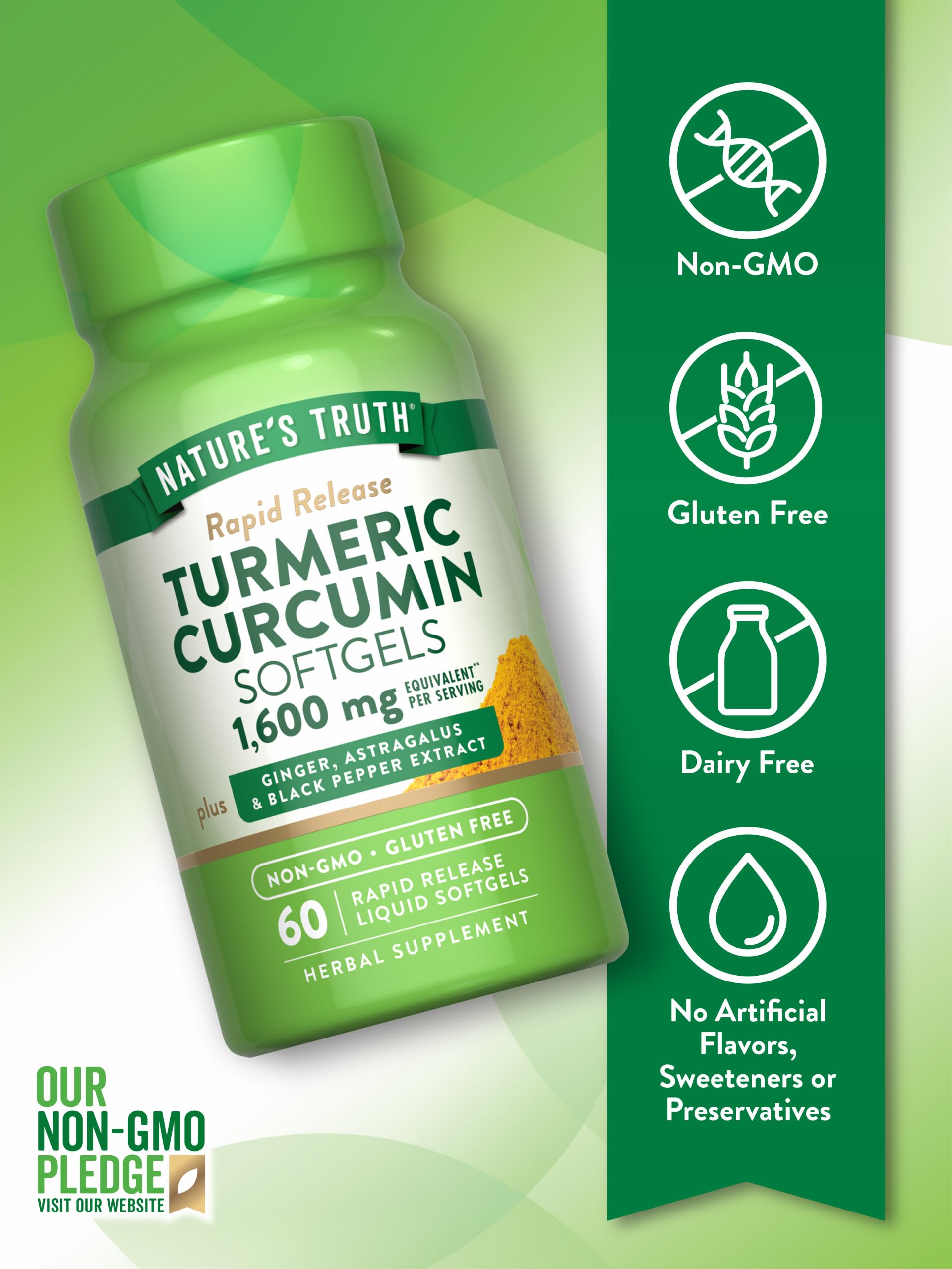 Nature's Truth turmeric-curcumin softgels with black pepper extract for absorption.