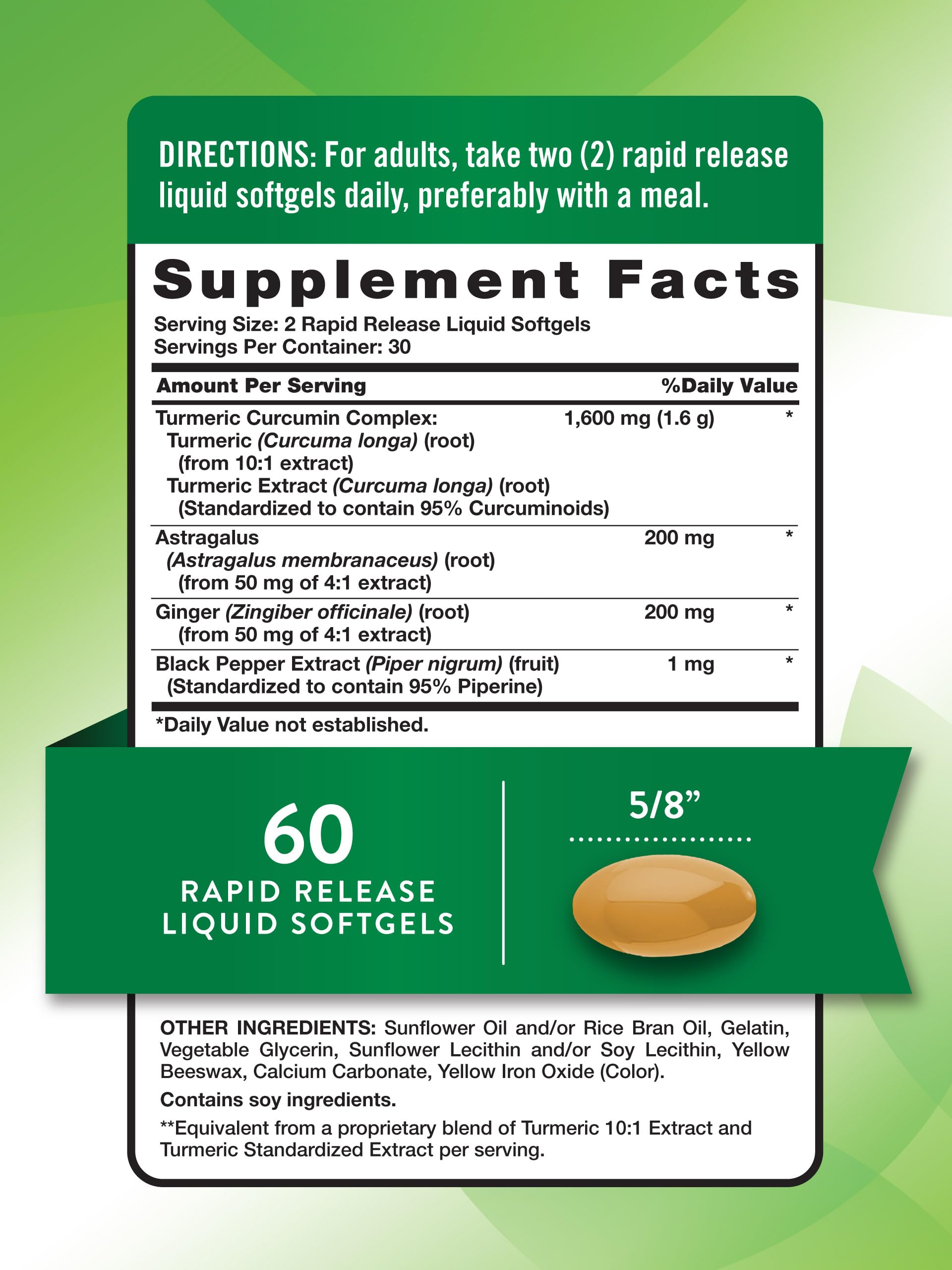 Nature's Truth turmeric-curcumin softgels with ginger and astragalus blend for daily support.