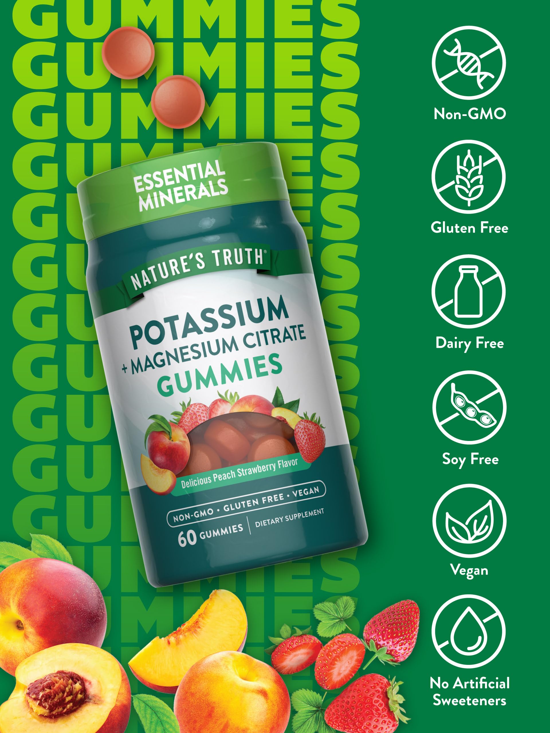 Nature's Truth vegan label on potassium magnesium citrate gummies for plant-based wellness.