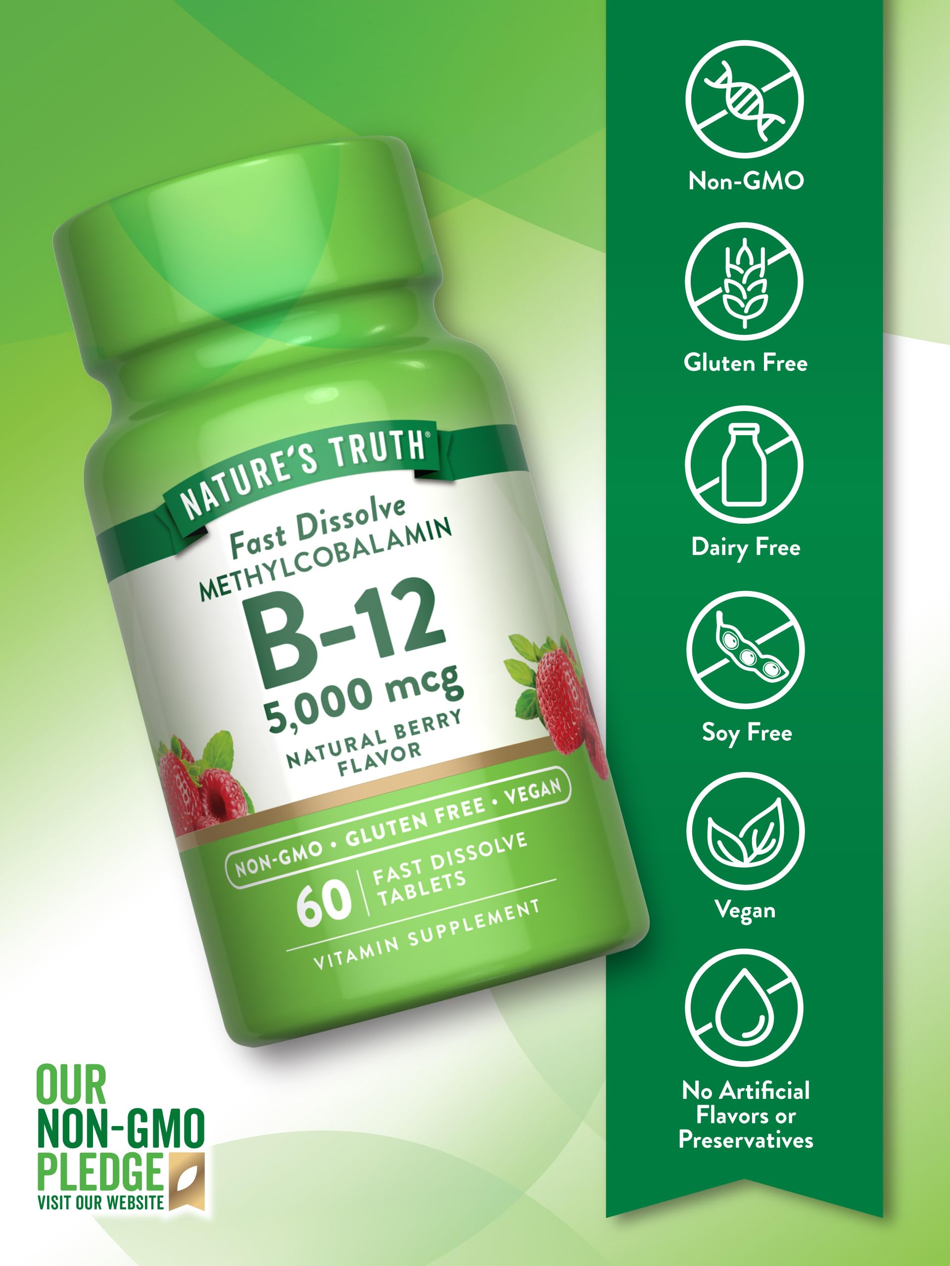 Nature's Truth vegan, non-GMO B12 tablet packaging.