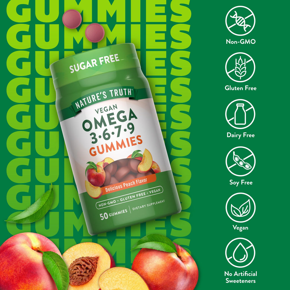 Nature's Truth vegan omega gummy close-up showing soft peach-colored texture