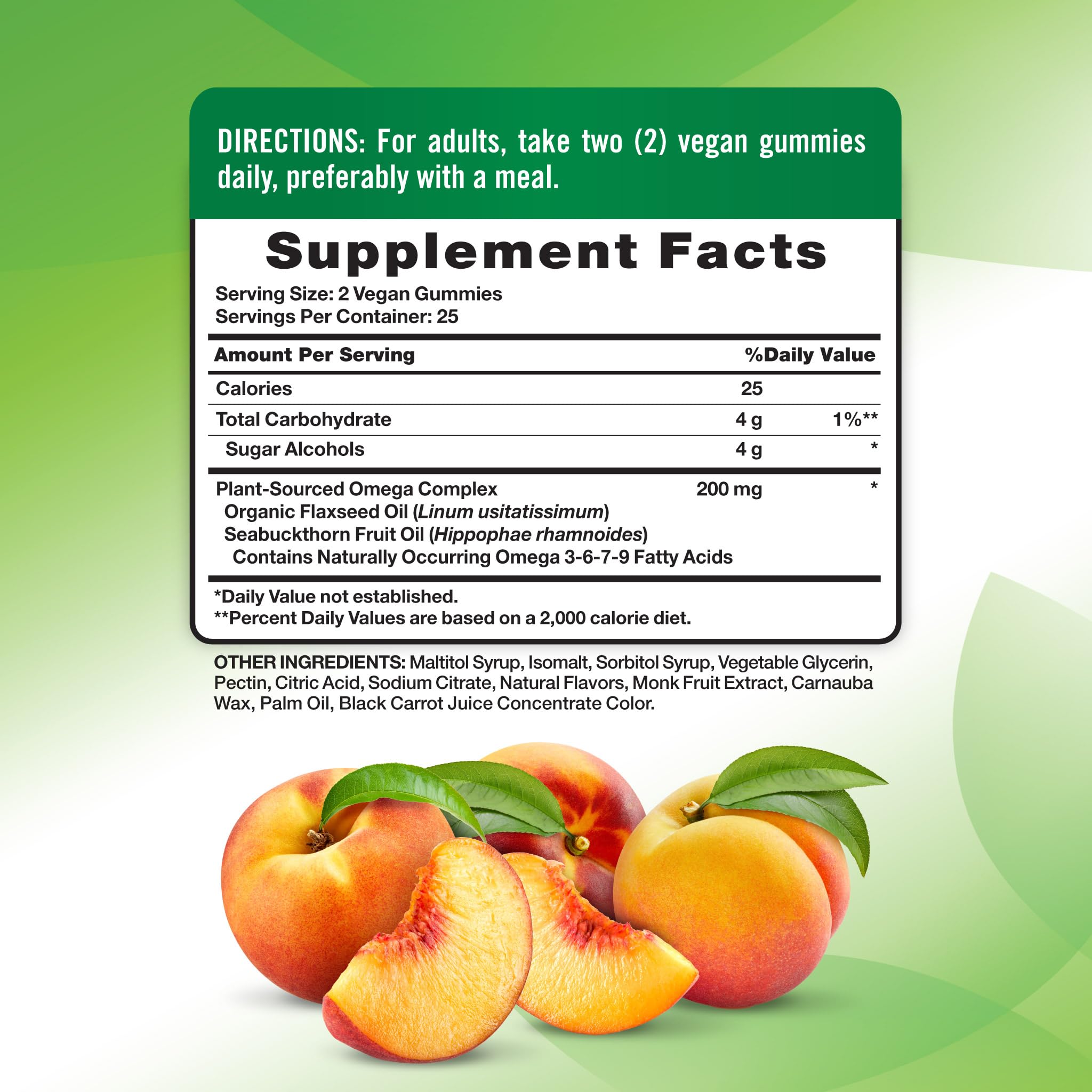 Nature's Truth vegan omega gummies peach flavor serving for easy daily use
