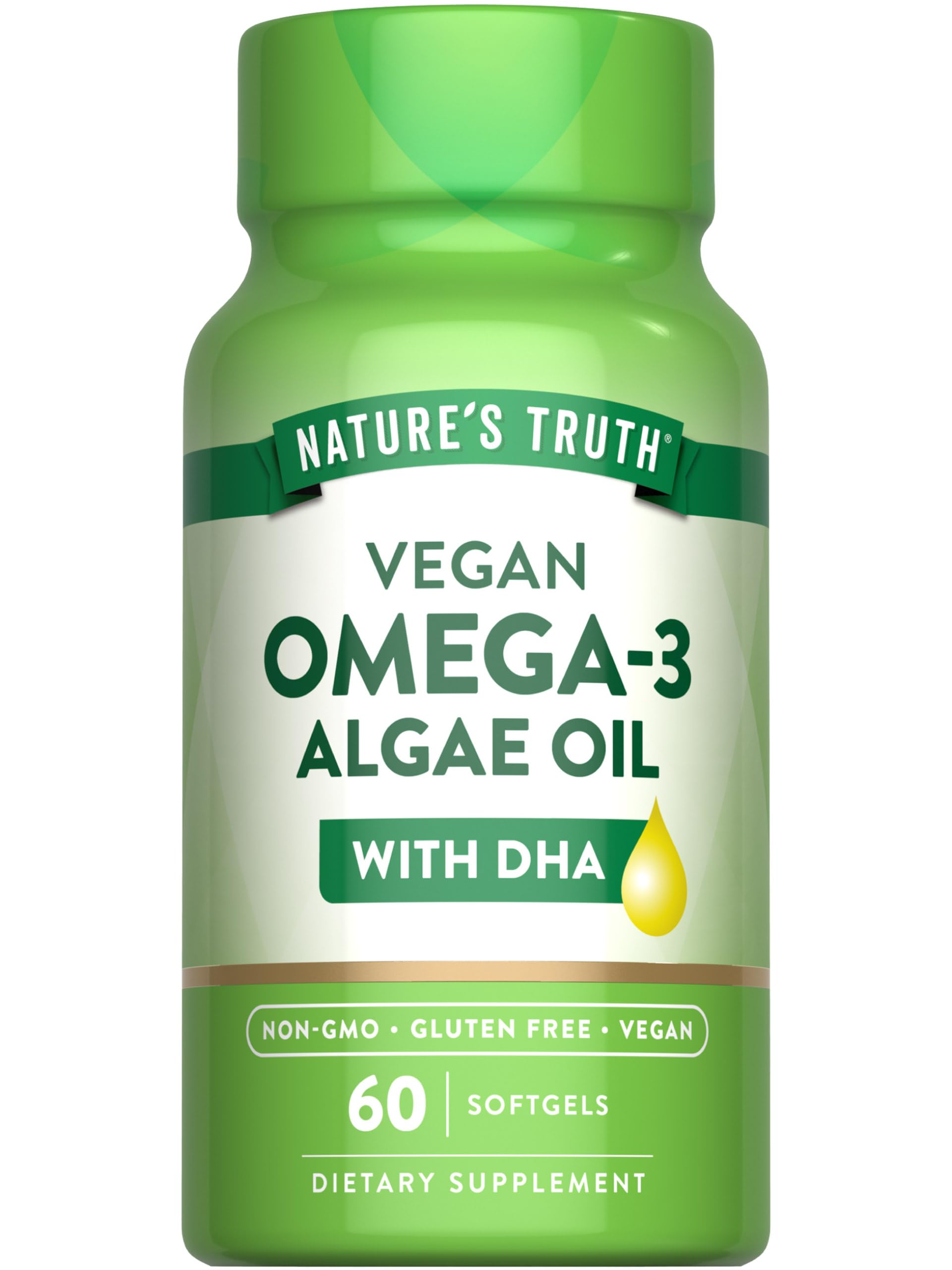 Nature's Truth vegan omega-3 softgels bottle front shows plant-based DHA support.