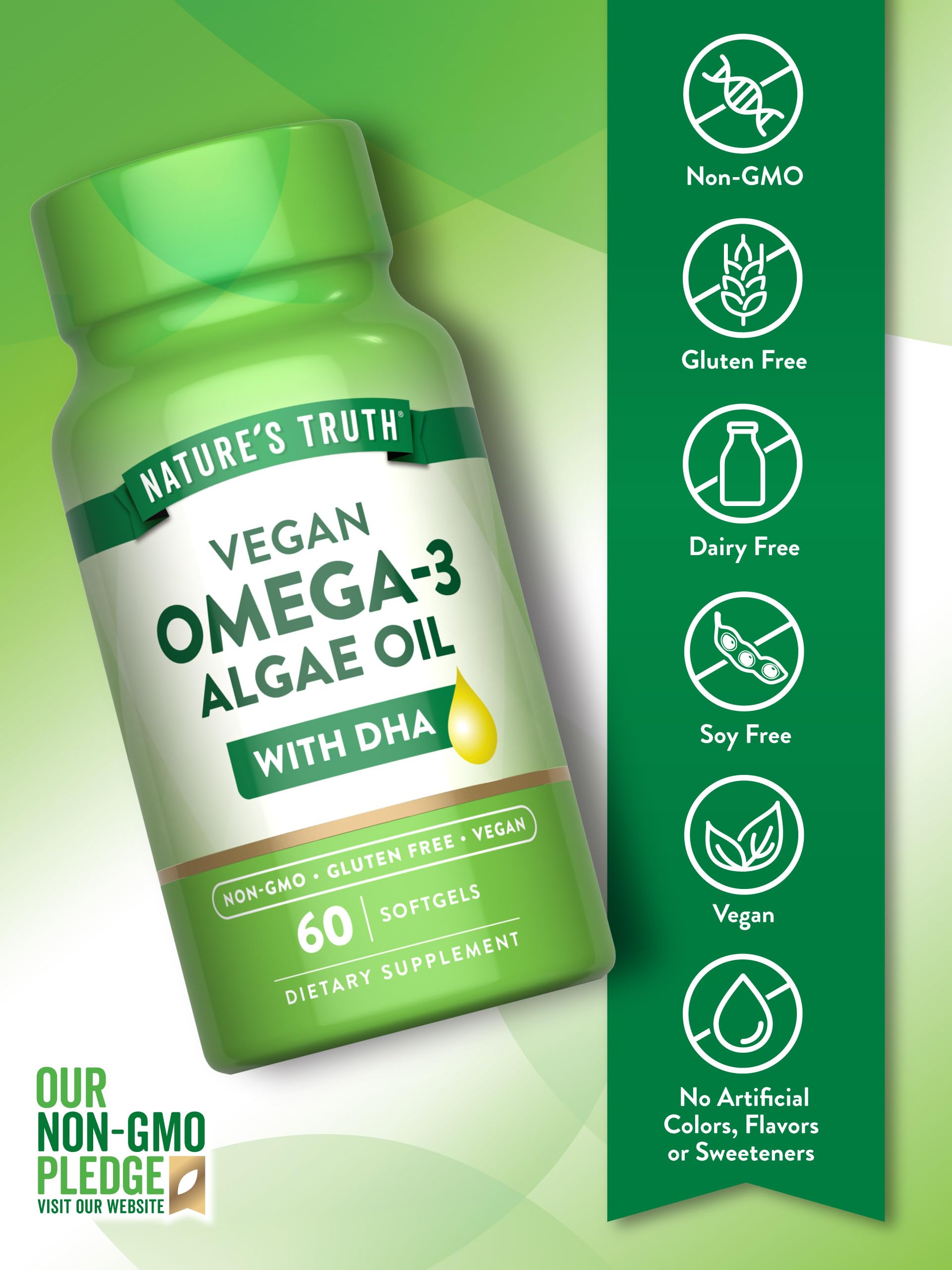 Nature's Truth vegan omega-3 softgels image highlights DHA from algae origin.