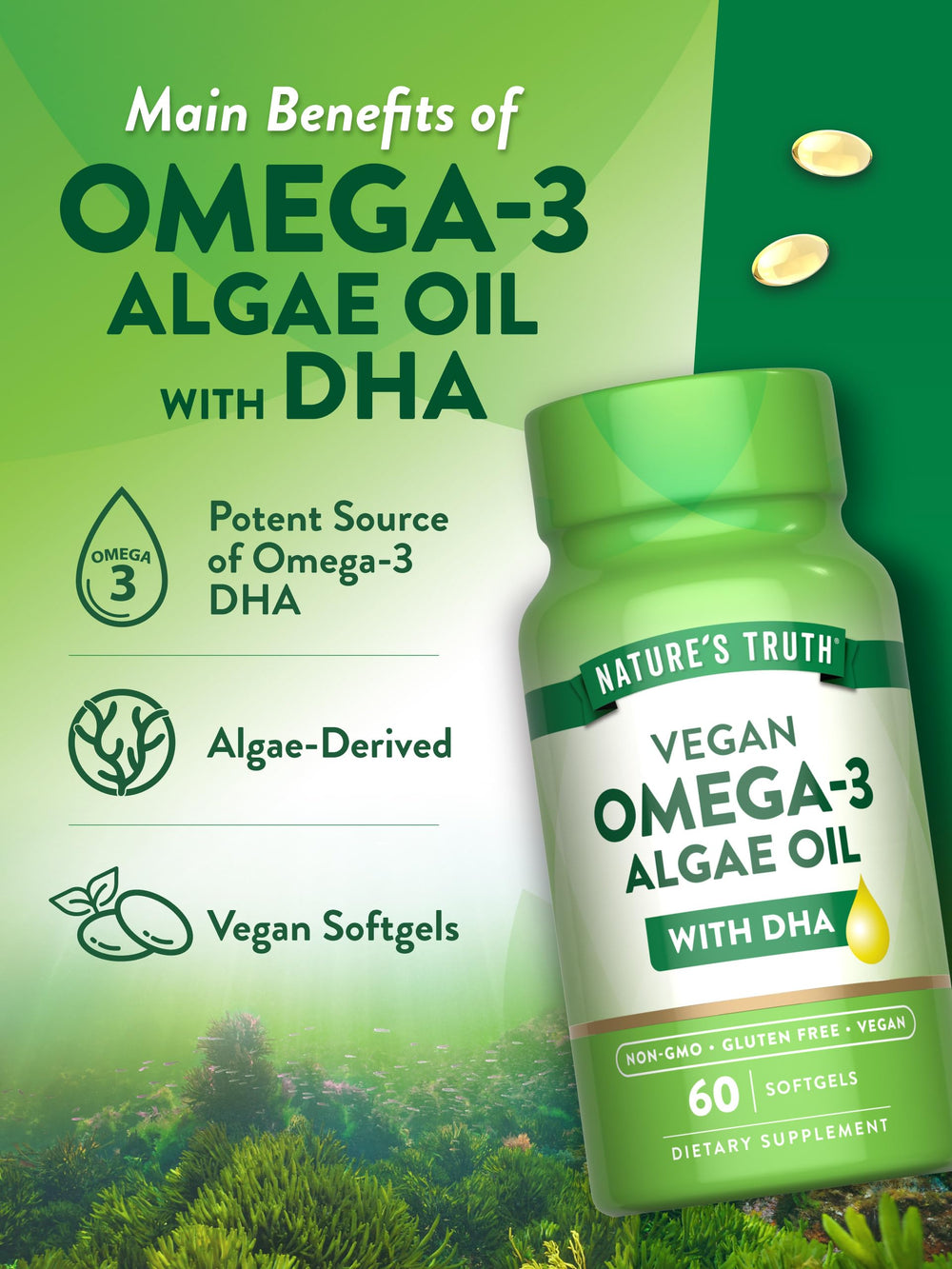 Nature's Truth vegan omega-3 softgels packshot emphasizes non-GMO formula.