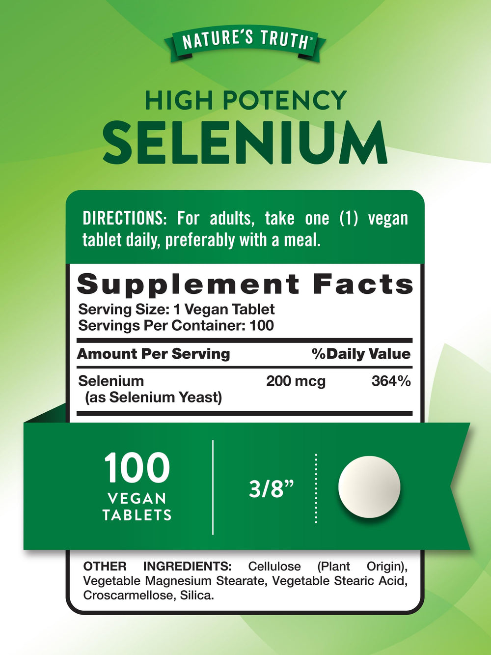 Nature's Truth vegan selenium tablet with gluten-free, non-GMO formulation.